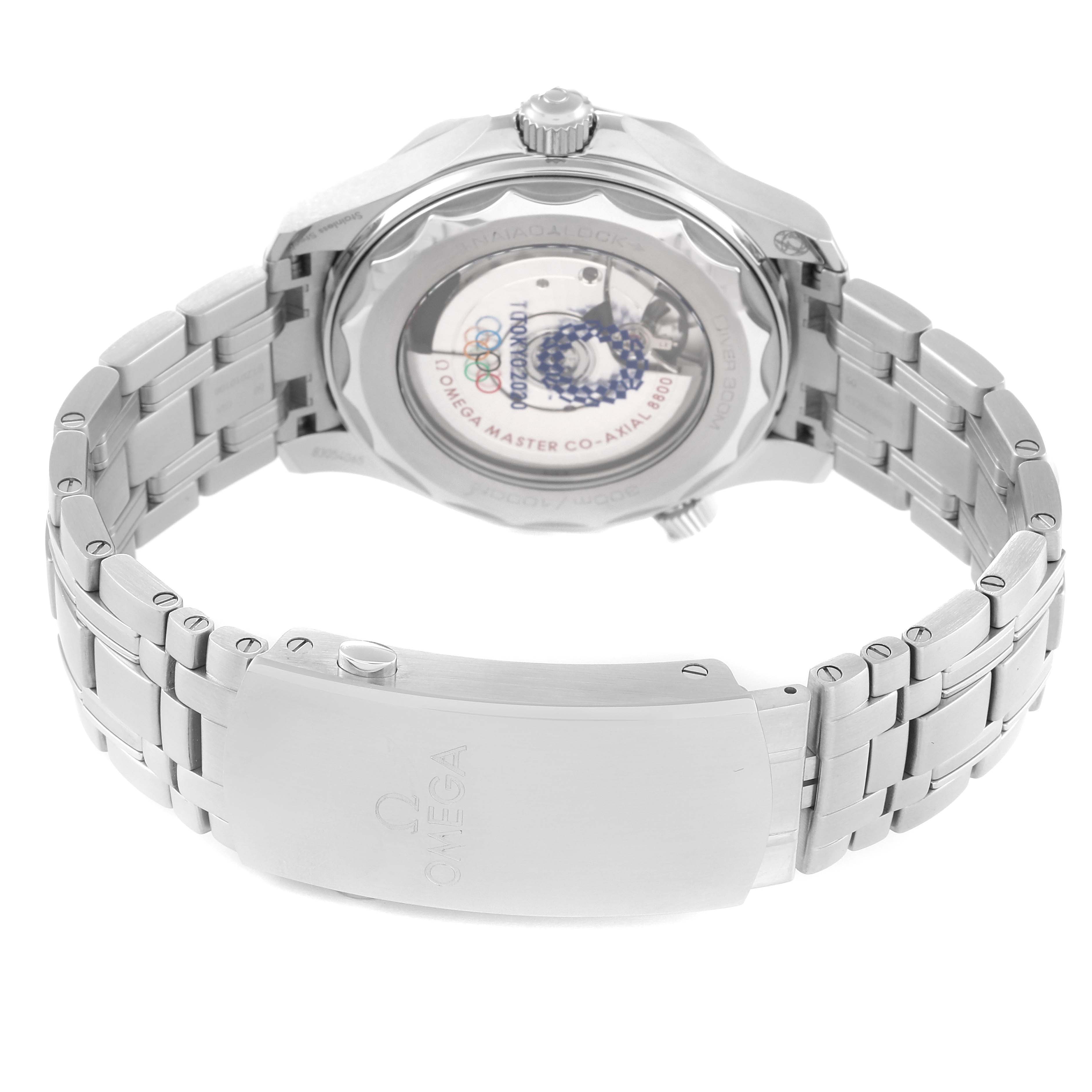 The image shows the back and bracelet of an Omega Seamaster 522.30.42.20.04.001 Men's Stainless Steel White Dial 522.30.42.20.04.001 Men's Stainless Steel White Dial watch, highlighting its clasp and exposed movement.