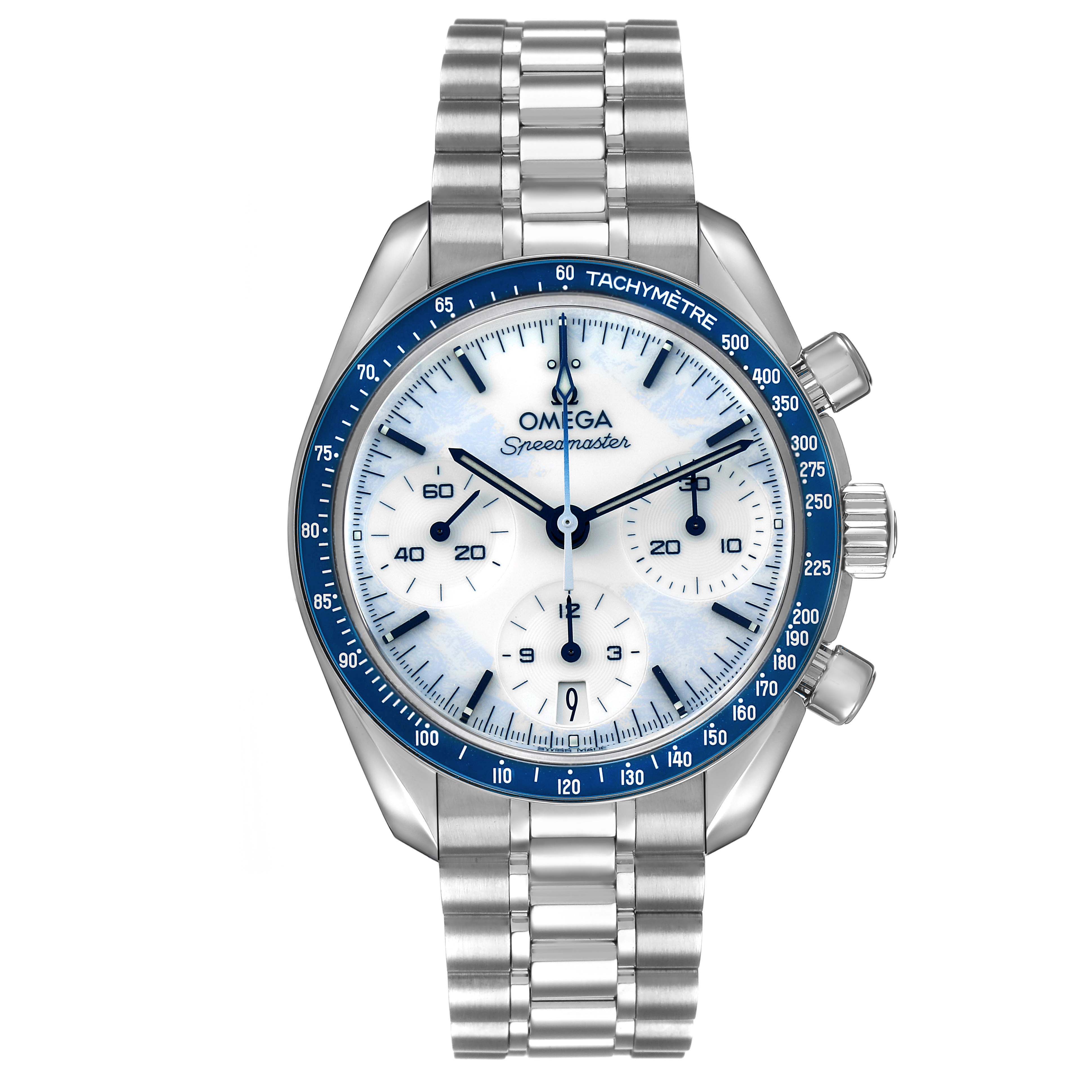 The Omega Speedmaster 522.30.38.50.04.001 Men's Stainless Steel White Dial model is shown from the front, highlighting its dial, bezel, pushers, and bracelet.