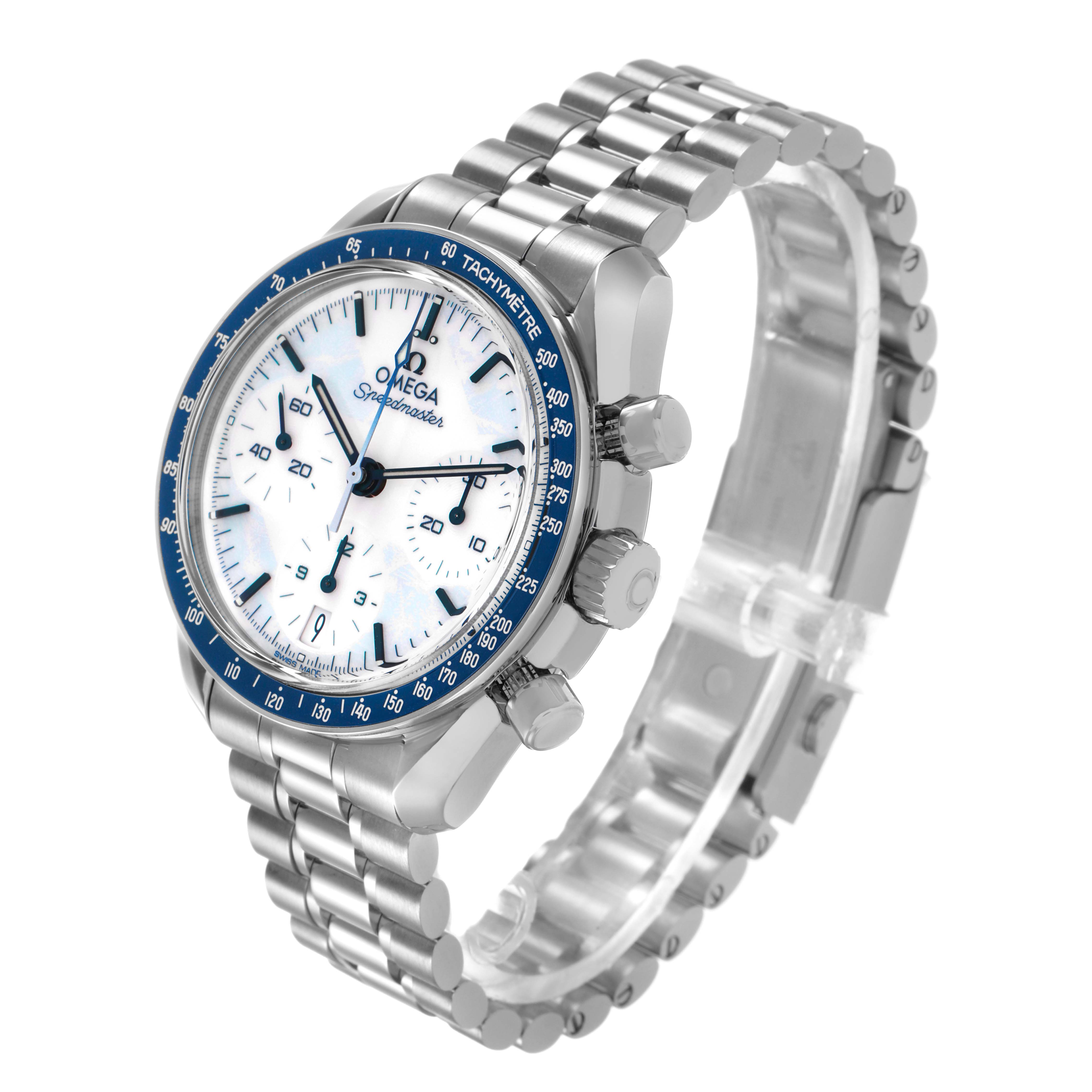 The Omega Speedmaster 522.30.38.50.04.001 Men's Stainless Steel White Dial is shown at a three-quarter angle, highlighting the face, bezel, pushers, and stainless steel bracelet.