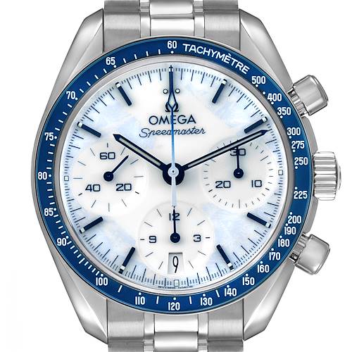 The Omega Speedmaster 522.30.38.50.04.001 Mens Stainless Steel White Dial watch is shown from a front angle, highlighting its dial, bezel, and stainless steel bracelet.