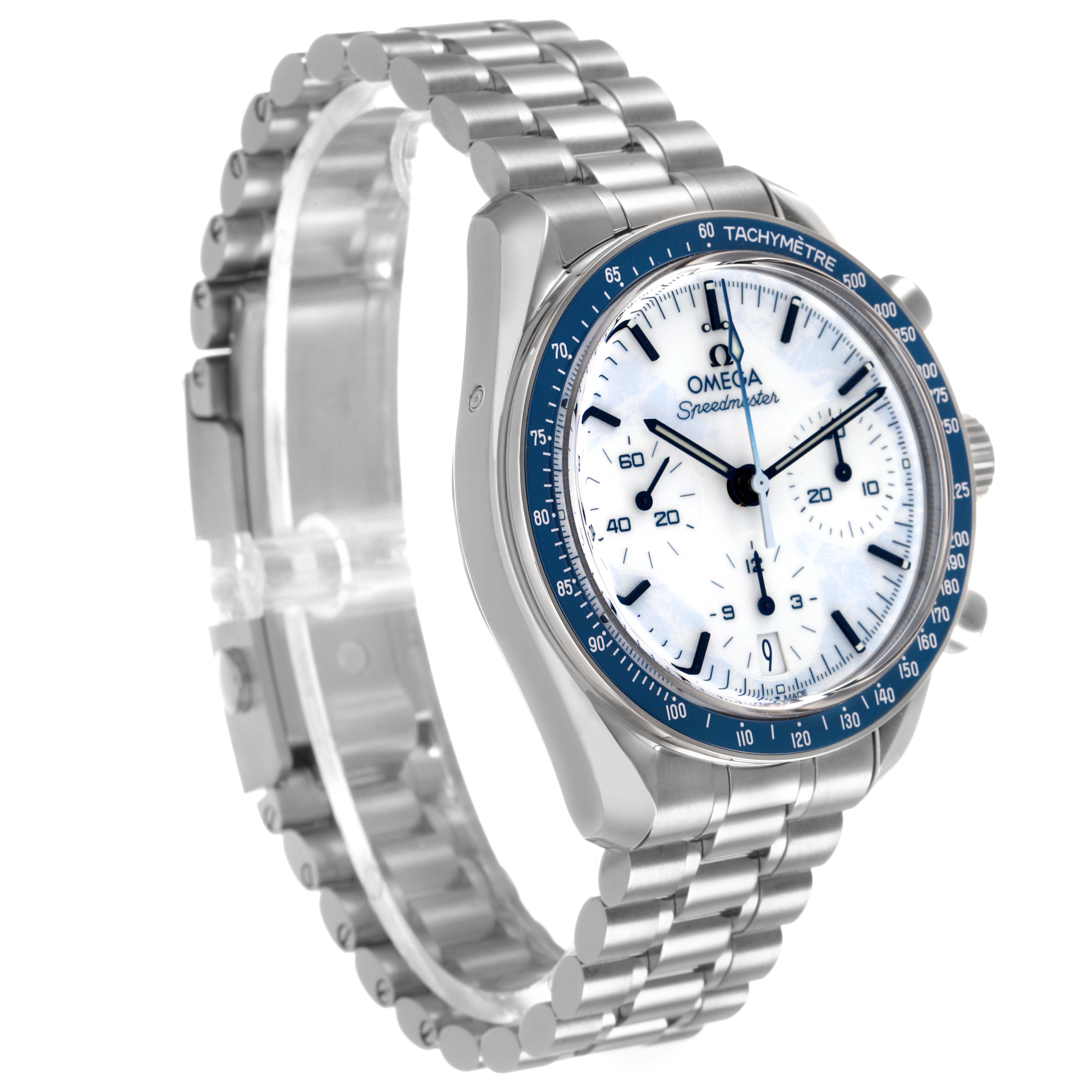The Omega Speedmaster 522.30.38.50.04.001 Men's Stainless Steel White Dial watch is shown at an angled view highlighting its face, bezel, and metal bracelet band.