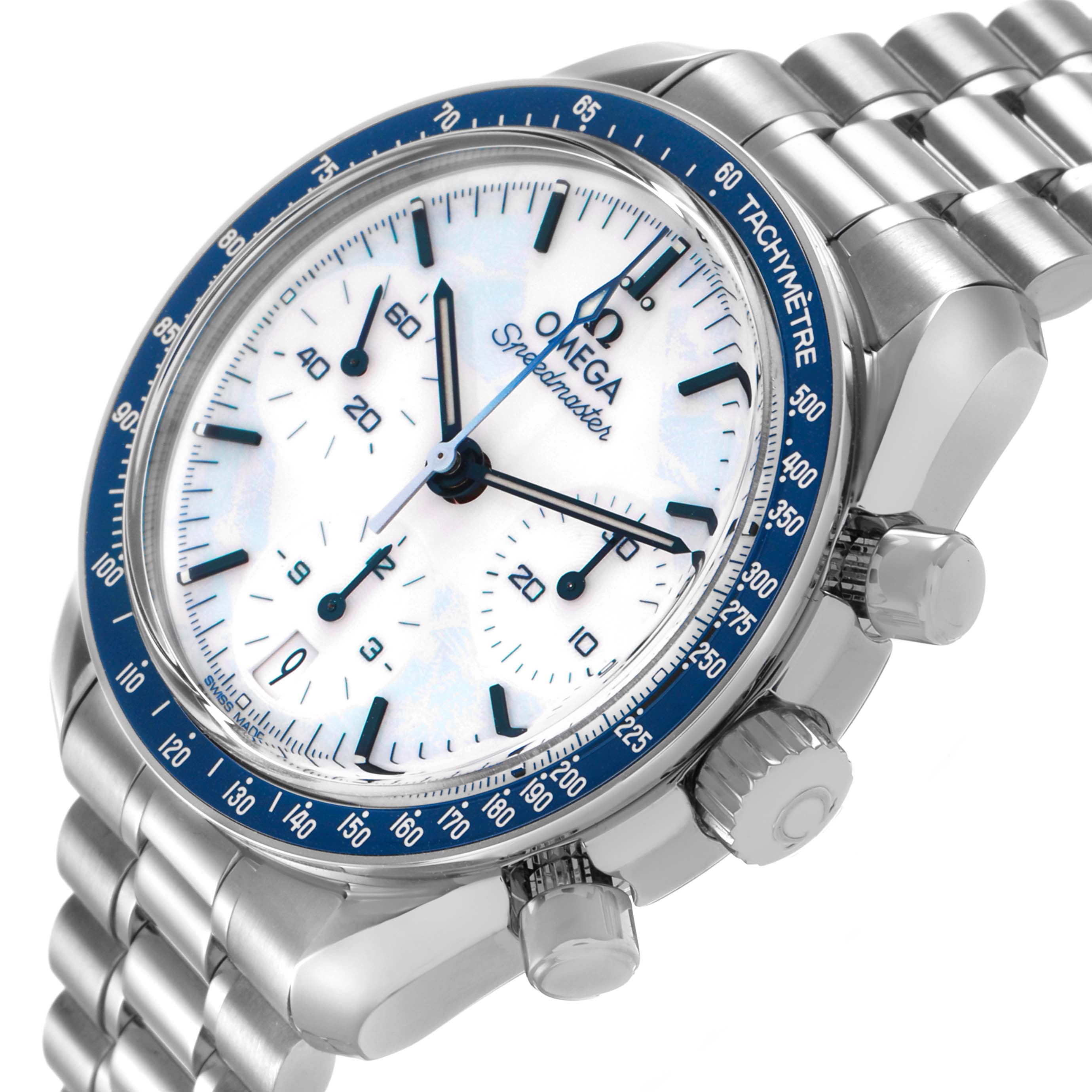 The Omega Speedmaster 522.30.38.50.04.001 Men's Stainless Steel White Dial watch is shown at an angled side view, highlighting the dial, bezel, crown, pushers, and bracelet.