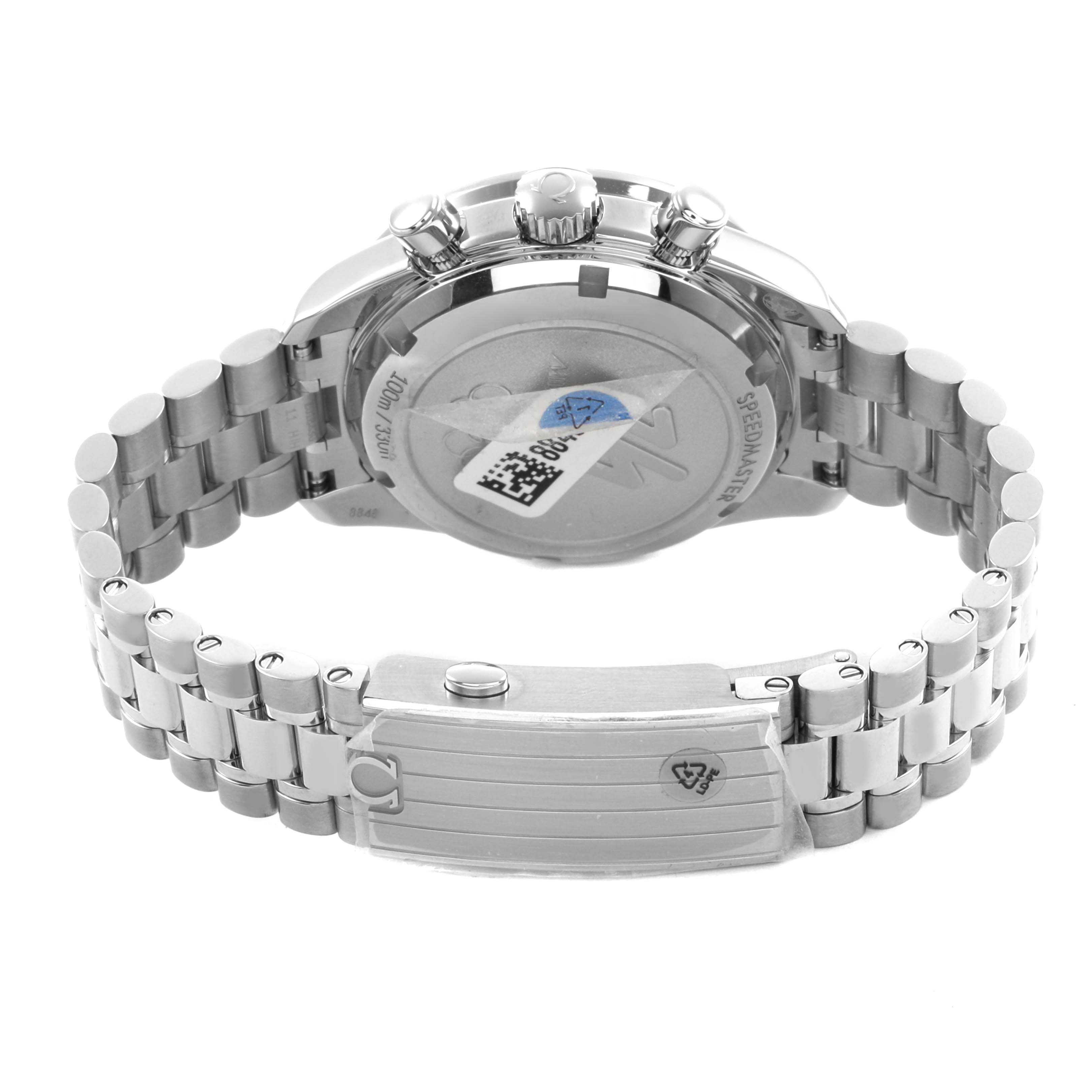 The image shows the back and clasp of an Omega Speedmaster 522.30.38.50.04.001 Men's Stainless Steel White Dial, featuring the case back, bracelet, and pushers.