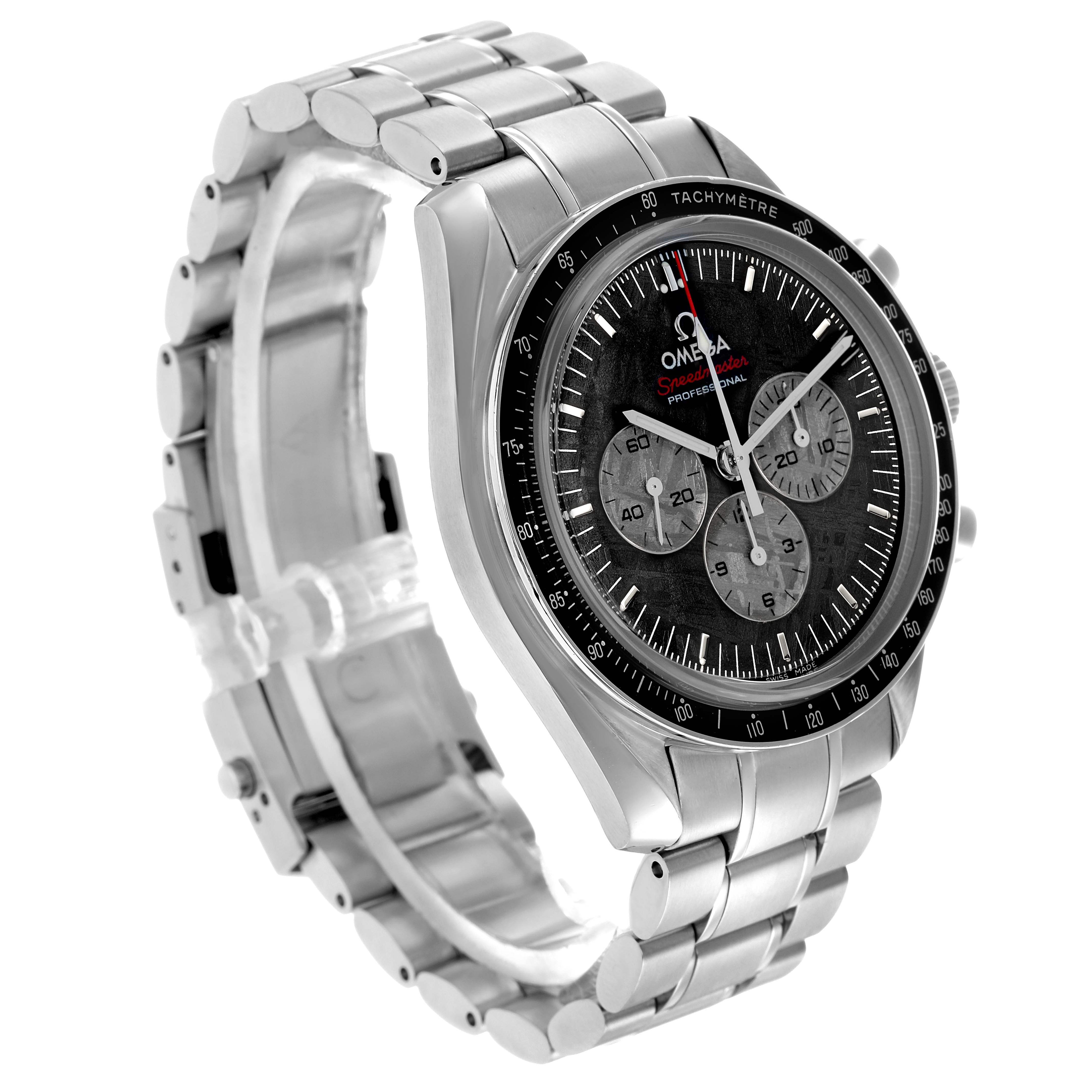 The Omega Speedmaster 311.30.42.30.99.001 Men's Stainless Steel Black Dial watch is shown at a three-quarter angle, highlighting the face, crown, pushers, and metal bracelet.