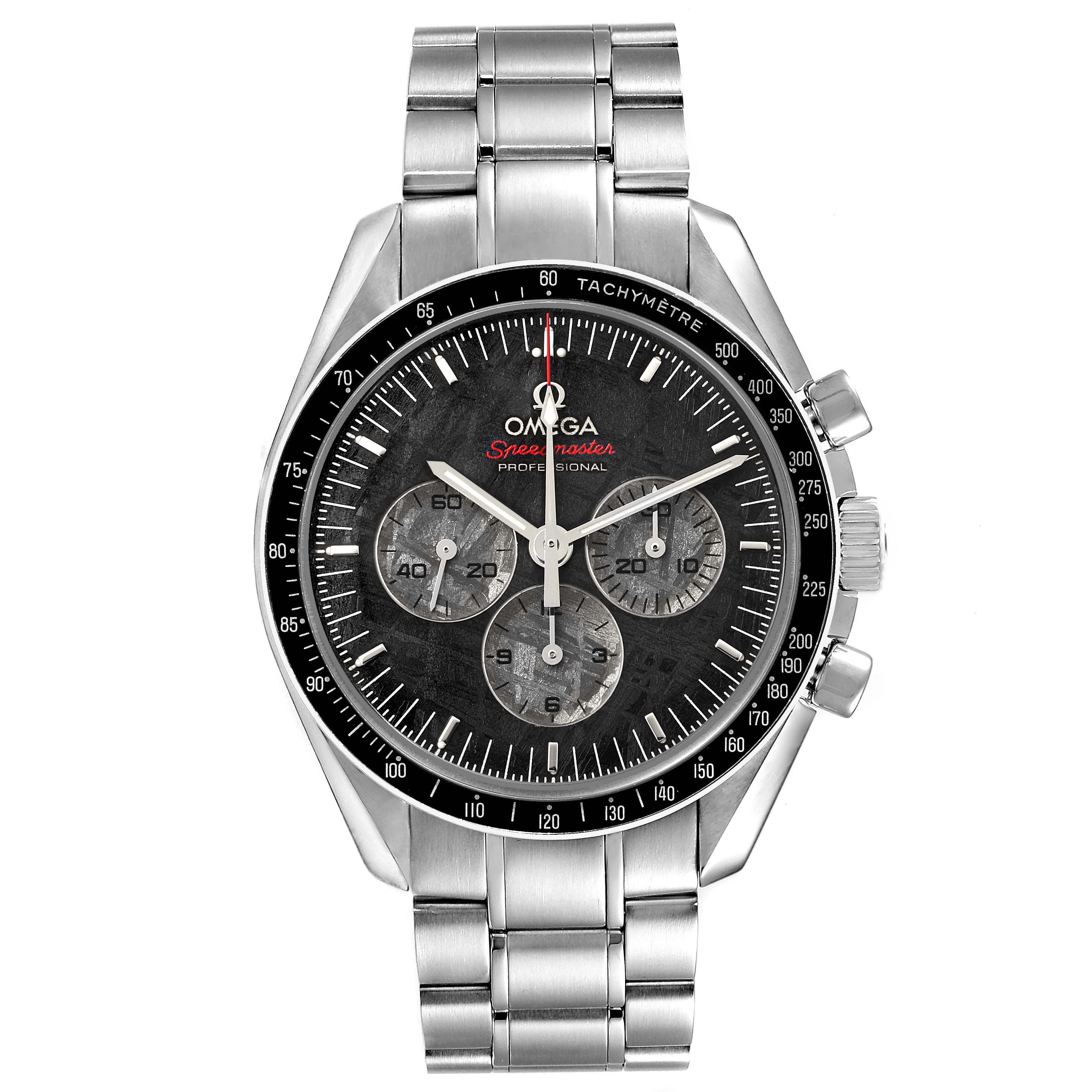 The Omega Speedmaster 311.30.42.30.99.001 Men's Stainless Steel Black Dial watch is shown from a front angle, displaying the dial, tachymeter bezel, bracelet, and chronograph pushers.