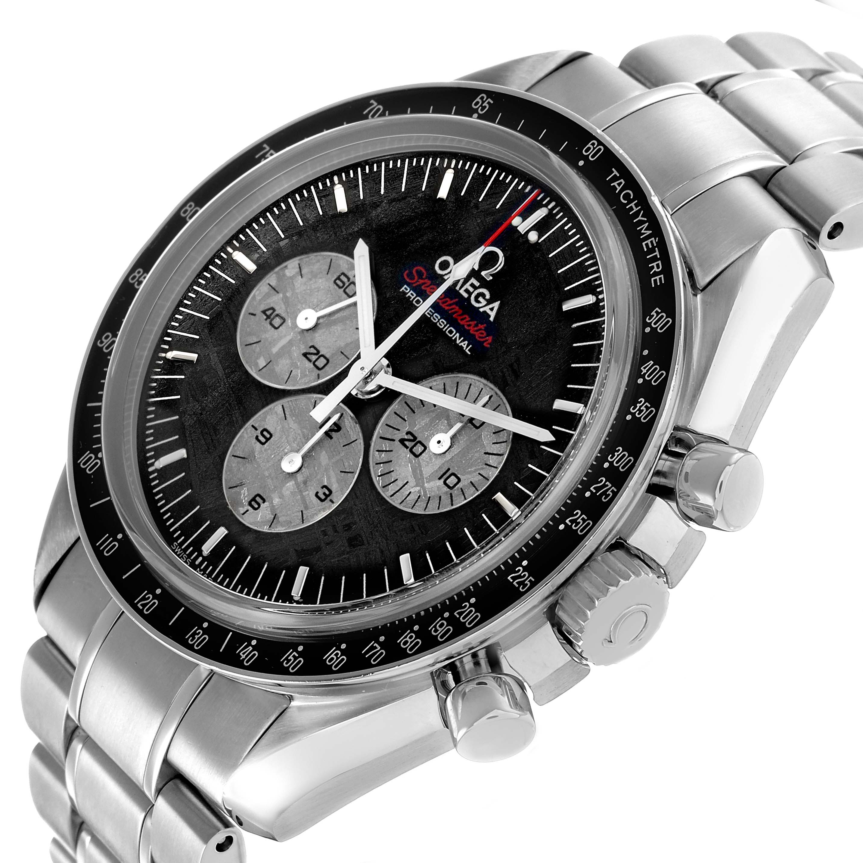 The Omega Speedmaster 311.30.42.30.99.001 Men's Stainless Steel Black Dial is shown at an angle displaying the dial, bezel, crown, pushers, and part of the bracelet.