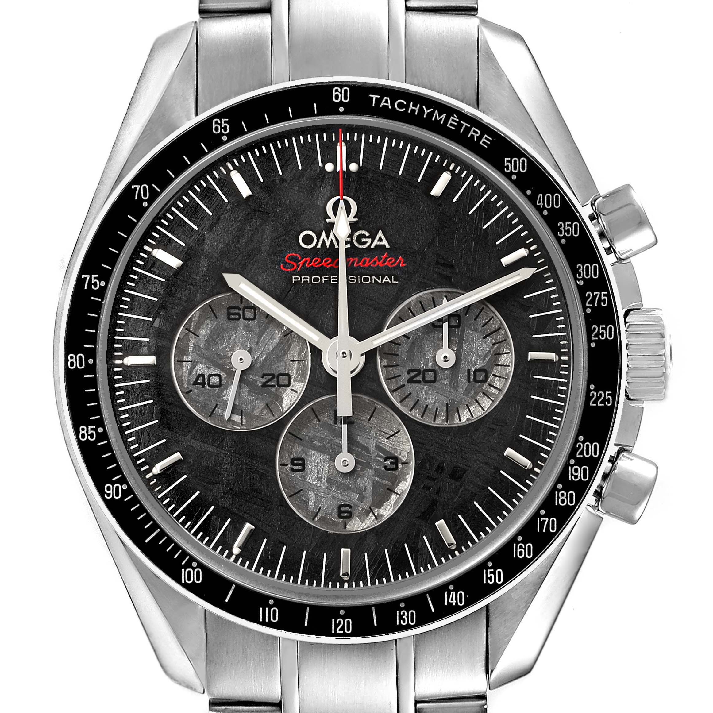 The image shows a frontal view of an Omega Speedmaster 311.30.42.30.99.001 Men's Stainless Steel Black Dial watch displaying the dial, tachymetric bezel, and chronograph subdials.