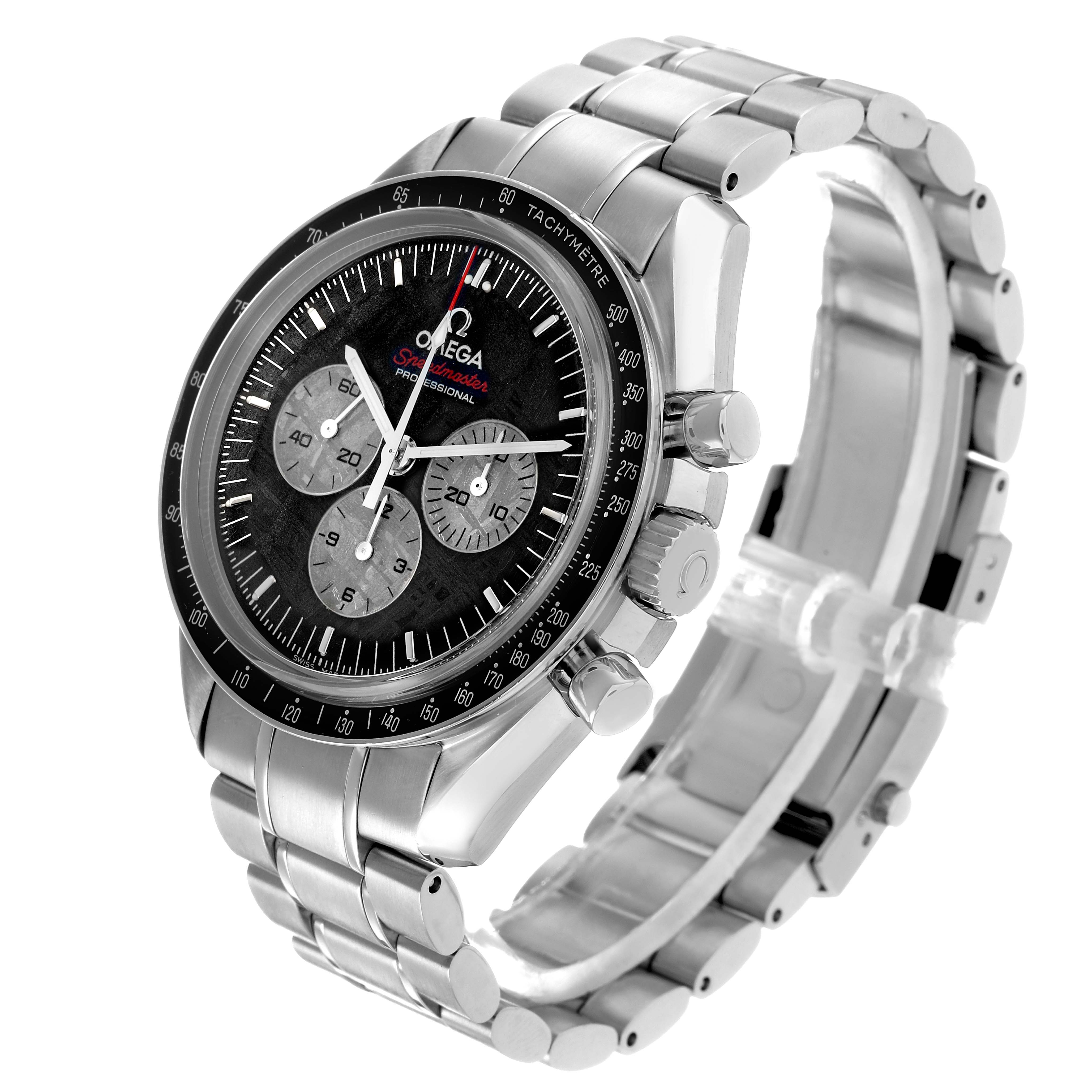 The Omega Speedmaster 311.30.42.30.99.001 Men's Stainless Steel Black Dial watch is shown at an angled side view, highlighting the dial, bezel, pushers, and stainless steel bracelet.