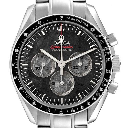 The Omega Speedmaster 311.30.42.30.99.001 Men's Stainless Steel Black Dial watch is shown from the front, highlighting its face, tachymeter bezel, and subdials, with part of the bracelet visible.
