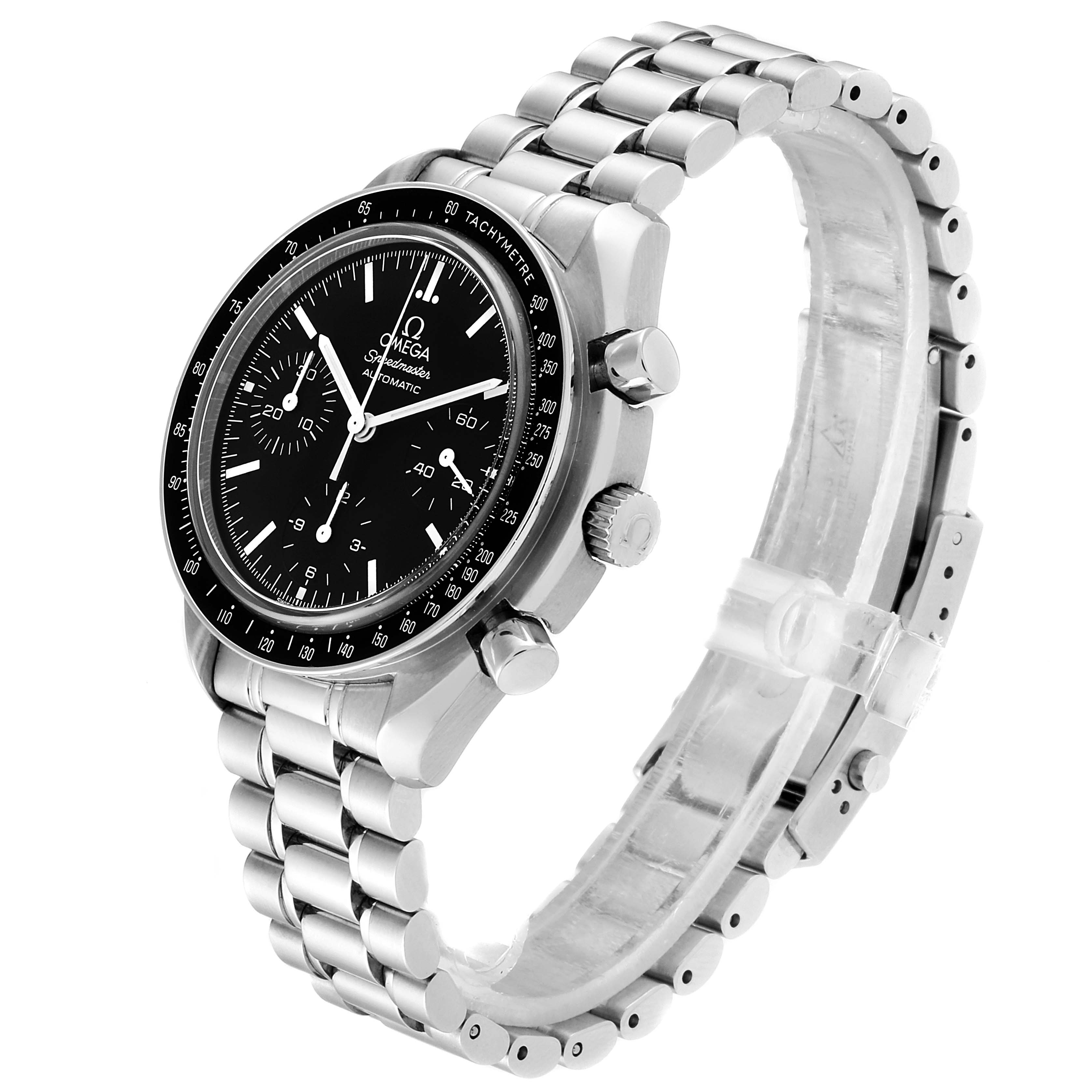 The image shows an angled view of an Omega Speedmaster 3539.50.00 Men
s Stainless Steel Black Dial 3539.50.00 Men
s Stainless Steel Black Dial watch, highlighting the black dial, chronograph sub-dials, and metal bracelet.