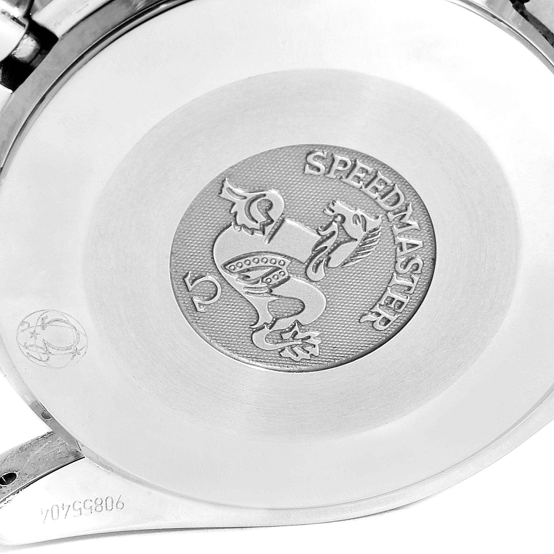 This image shows the engraved case back of an Omega Speedmaster 3539.50.00 Men
s Stainless Steel Black Dial 3539.50.00 Men
s Stainless Steel Black Dial watch.