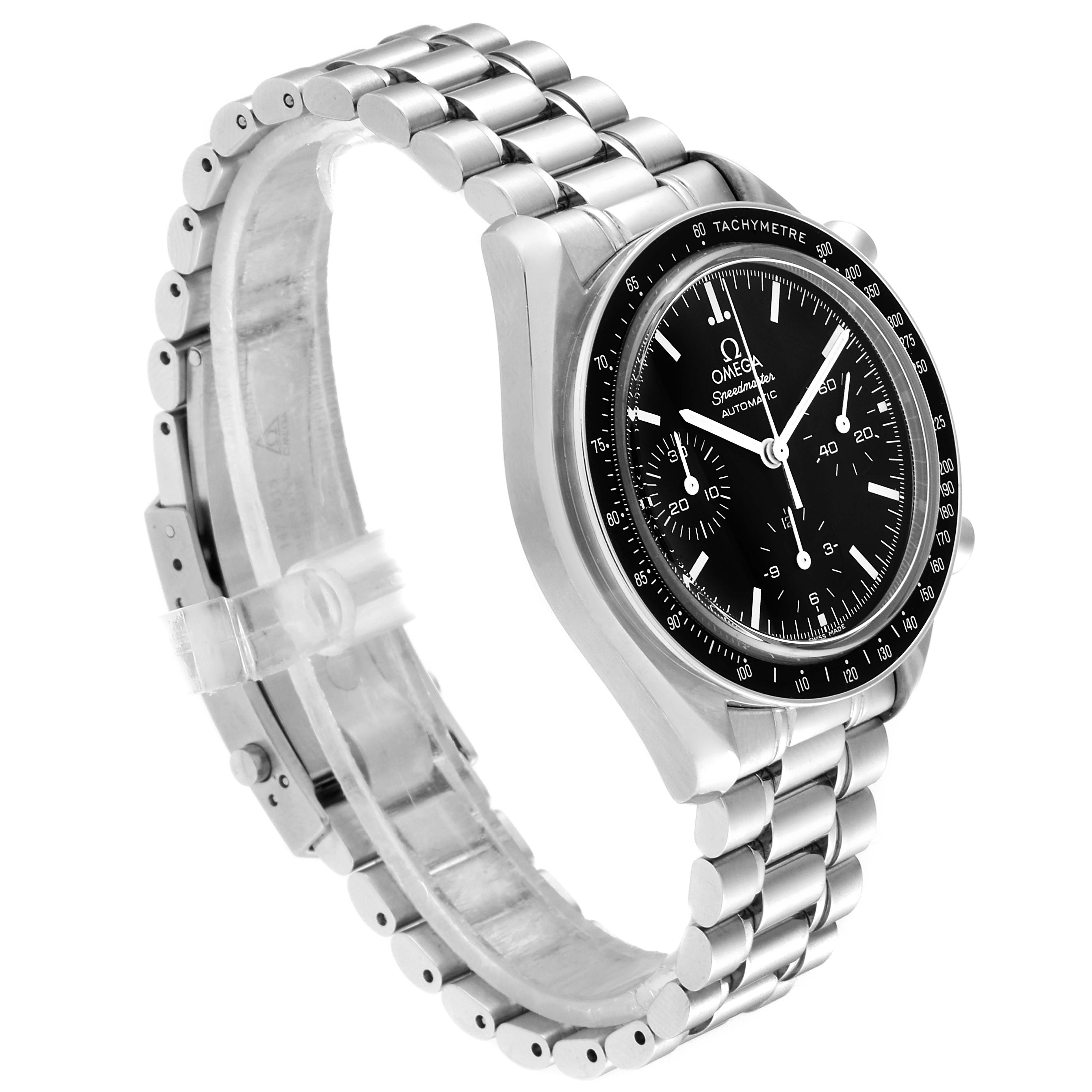 The image shows an Omega Speedmaster 3539.50.00 Men
s Stainless Steel Black Dial 3539.50.00 Men
s Stainless Steel Black Dial watch at an angled profile, highlighting the watch face, bezel, and metal bracelet.