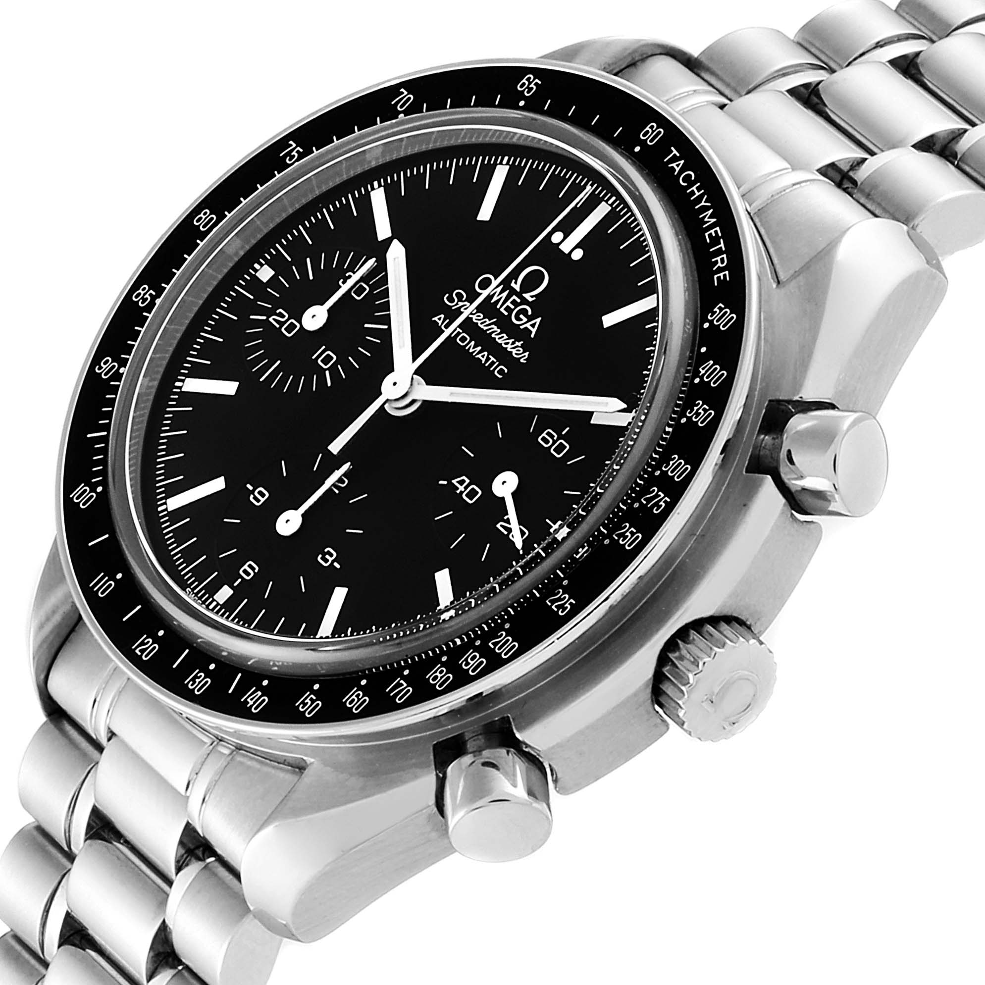 The image shows an Omega Speedmaster 3539.50.00 Men
s Stainless Steel Black Dial 3539.50.00 Men
s Stainless Steel Black Dial watch at an angle highlighting the face, bezel, crown, pushers, and metal bracelet.