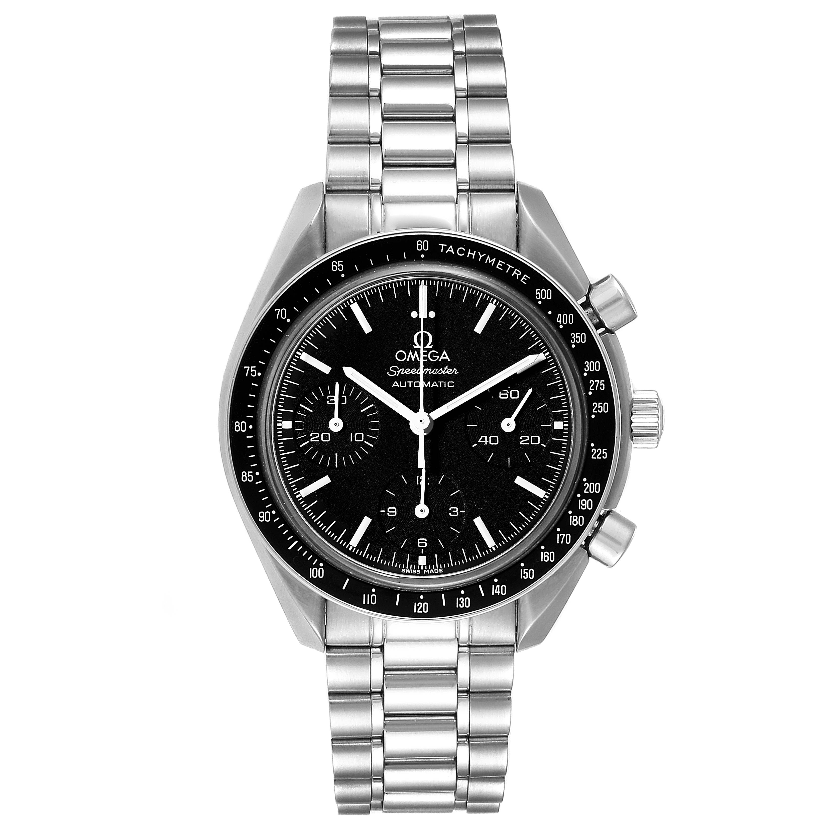 This Omega Speedmaster 3539.50.00 Men
s Stainless Steel Black Dial 3539.50.00 Men
s Stainless Steel Black Dial watch is shown from a front angle, highlighting its dial, bezel, and stainless steel bracelet.