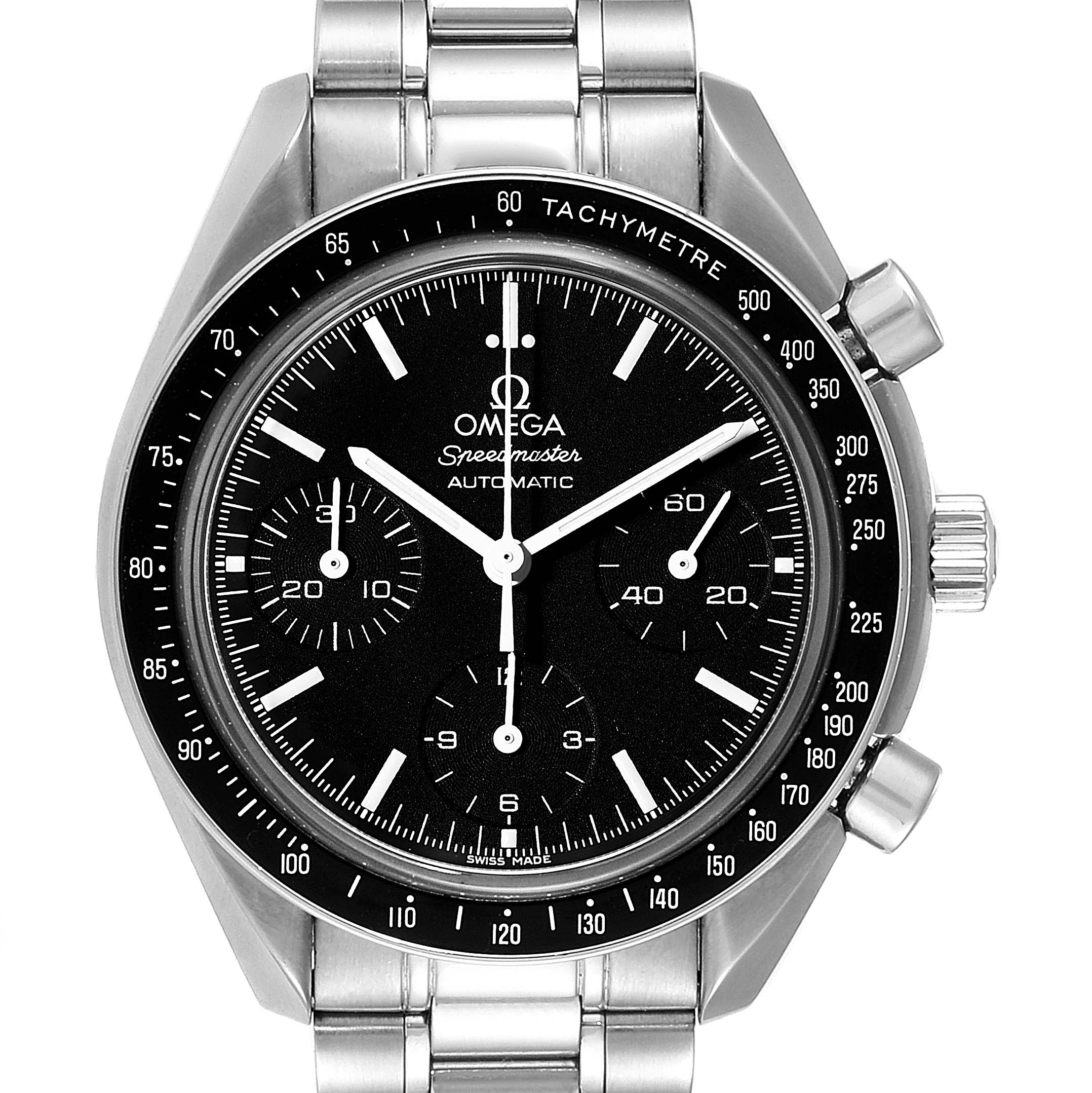 This image shows a frontal view of the Omega Speedmaster 3539.50.00 Men
s Stainless Steel Black Dial 3539.50.00 Men
s Stainless Steel Black Dial watch, highlighting the dial, bezel, and metal bracelet.