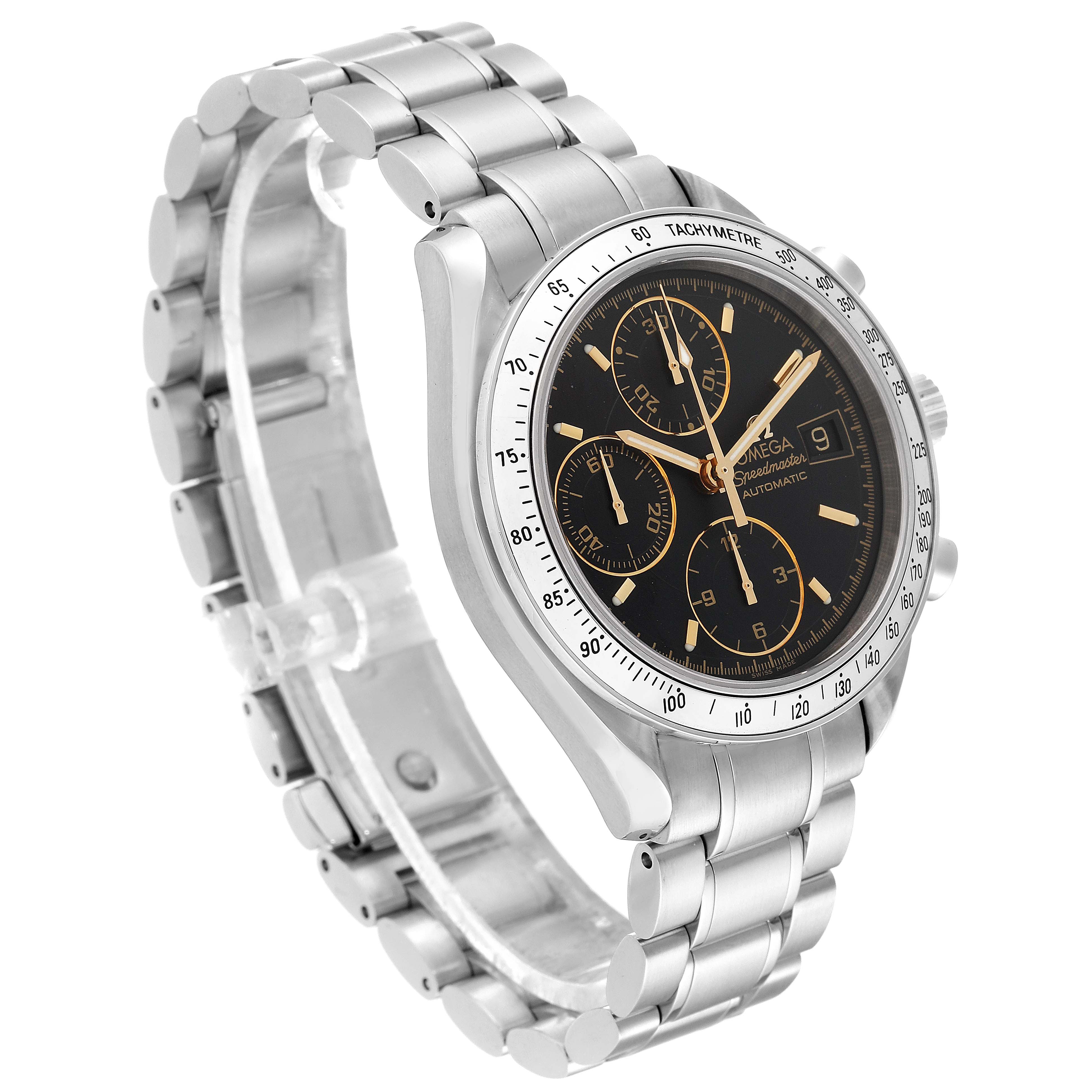 The image shows an angled view of the Omega Speedmaster 3513.54.00 Men
s Stainless Steel Black Dial 3513.54.00 Men
s Stainless Steel Black Dial watch, highlighting its face, bezel, and bracelet.