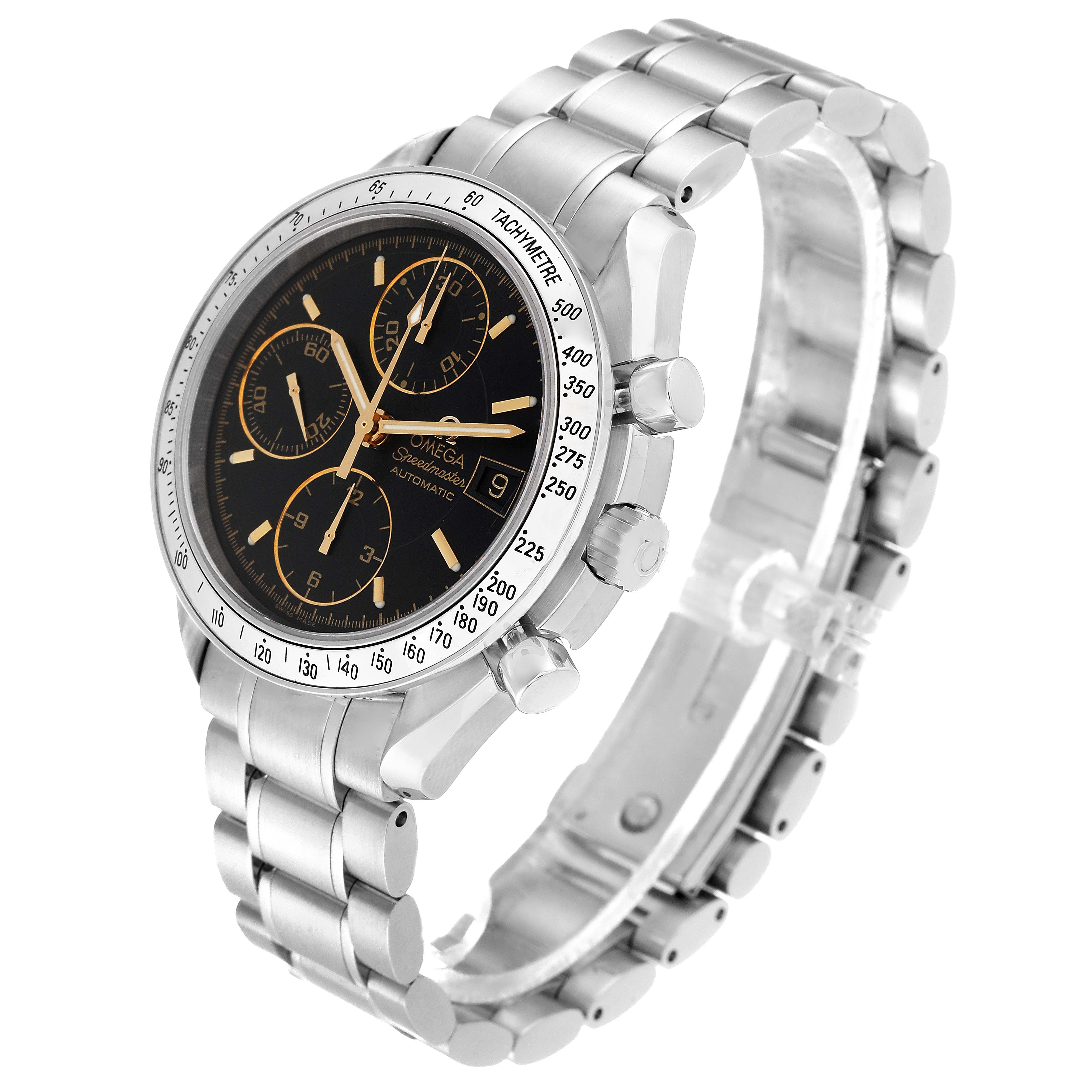 The Omega Speedmaster 3513.54.00 Men
s Stainless Steel Black Dial 3513.54.00 Men
s Stainless Steel Black Dial watch is shown at an angled side view, highlighting the dial, tachymeter bezel, and metal bracelet.