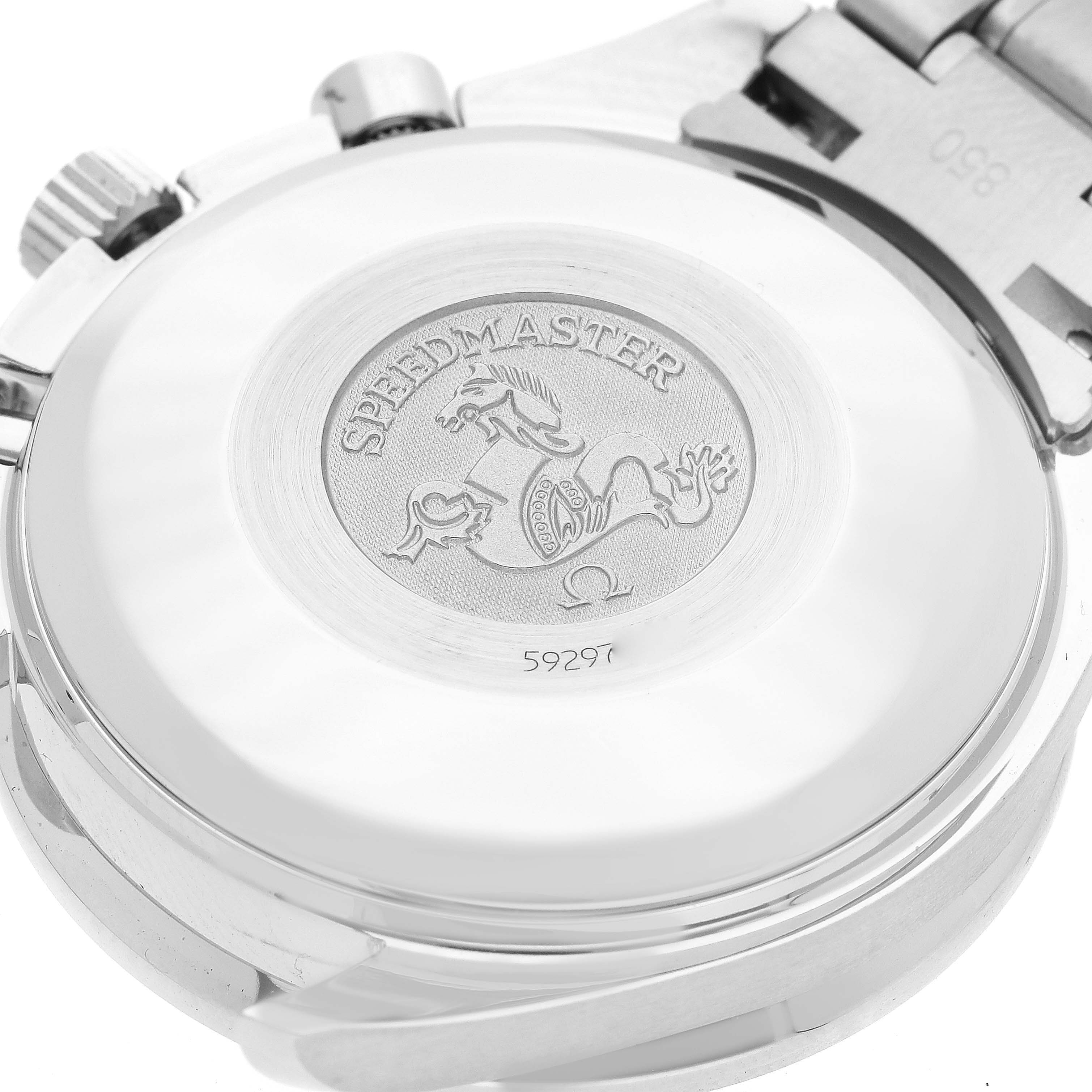 The image shows the back case and part of the bracelet of an Omega Speedmaster 3513.54.00 Men
s Stainless Steel Black Dial 3513.54.00 Men
s Stainless Steel Black Dial watch.