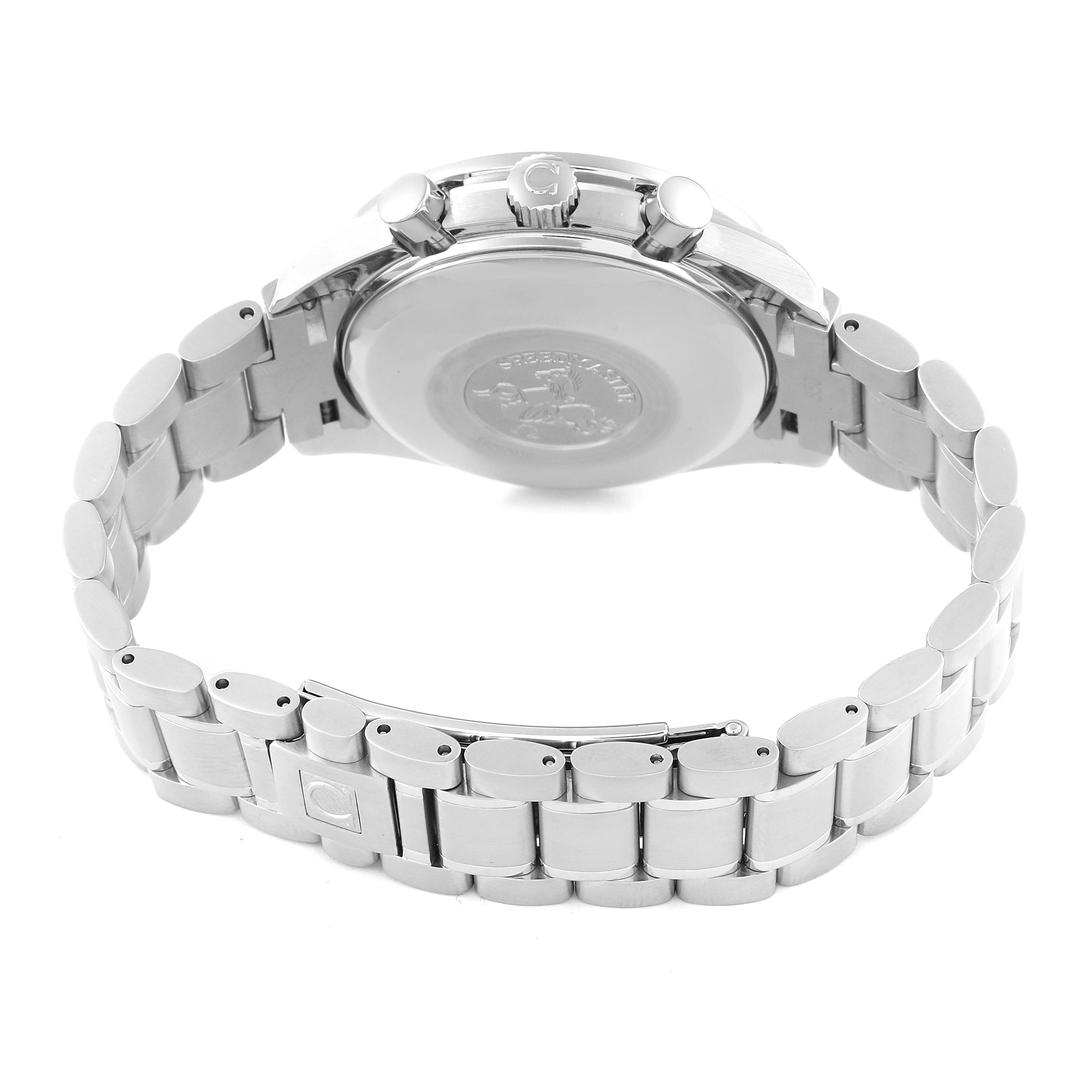 This image shows the back view, clasp, caseback, and bracelet of an Omega Speedmaster 3513.54.00 Men
s Stainless Steel Black Dial 3513.54.00 Men
s Stainless Steel Black Dial watch.