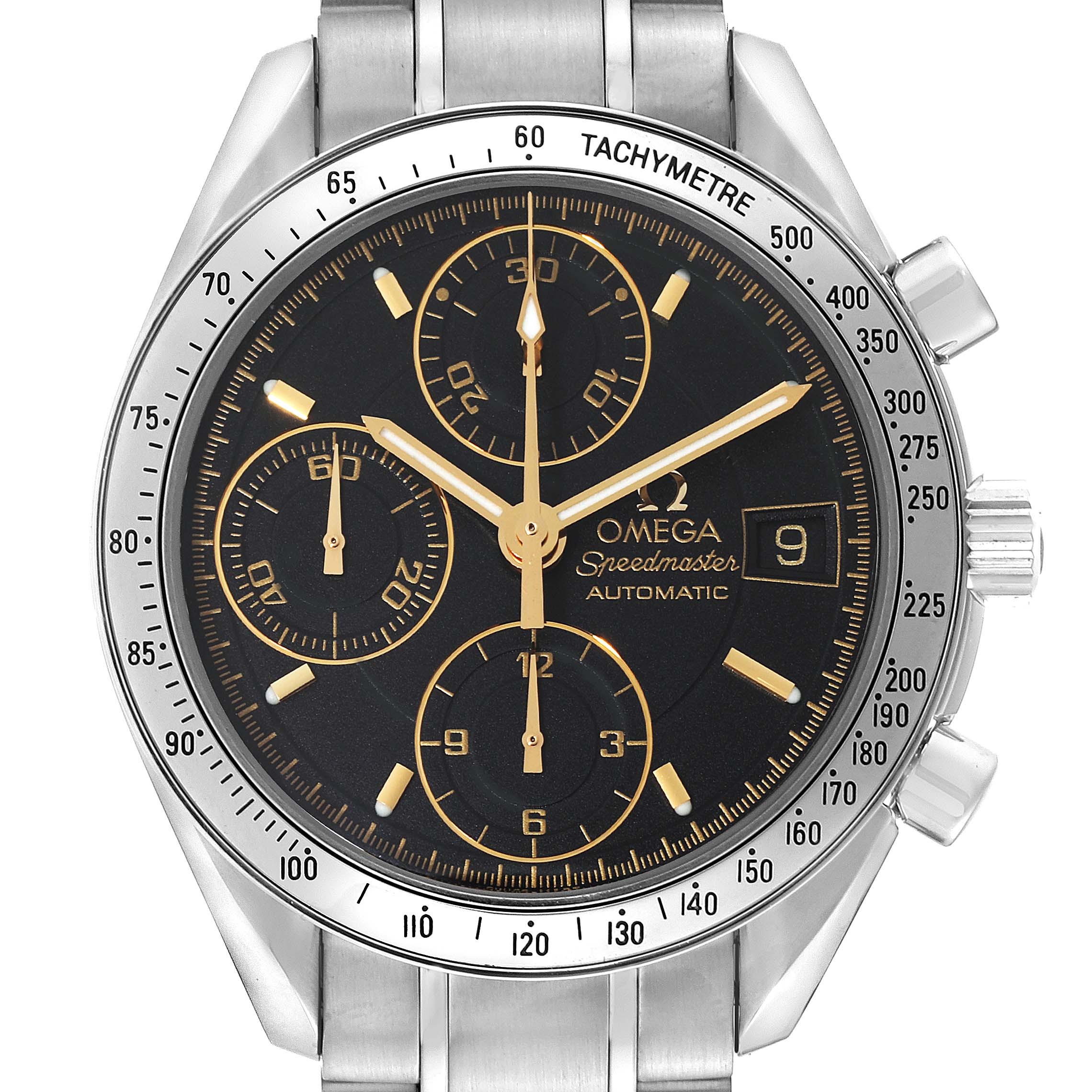 This image shows a front view of the Omega Speedmaster 3513.54.00 Men
s Stainless Steel Black Dial 3513.54.00 Men
s Stainless Steel Black Dial watch, highlighting its dial, chronograph subdials, and tachymeter bezel.