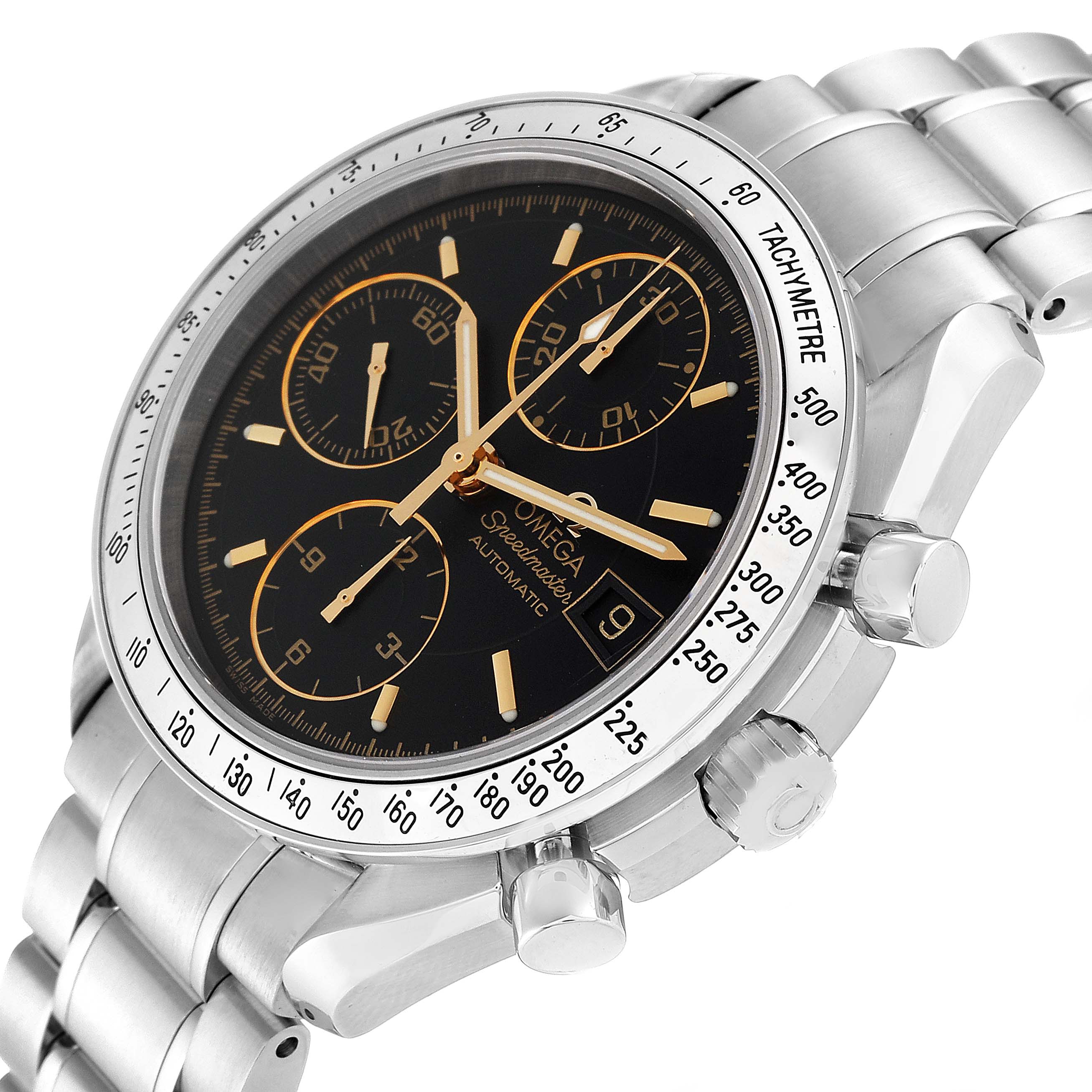 The image shows an angled view of an Omega Speedmaster 3513.54.00 Men
s Stainless Steel Black Dial 3513.54.00 Men
s Stainless Steel Black Dial watch showcasing its dial, sub-dials, bezel, crown, and bracelet.