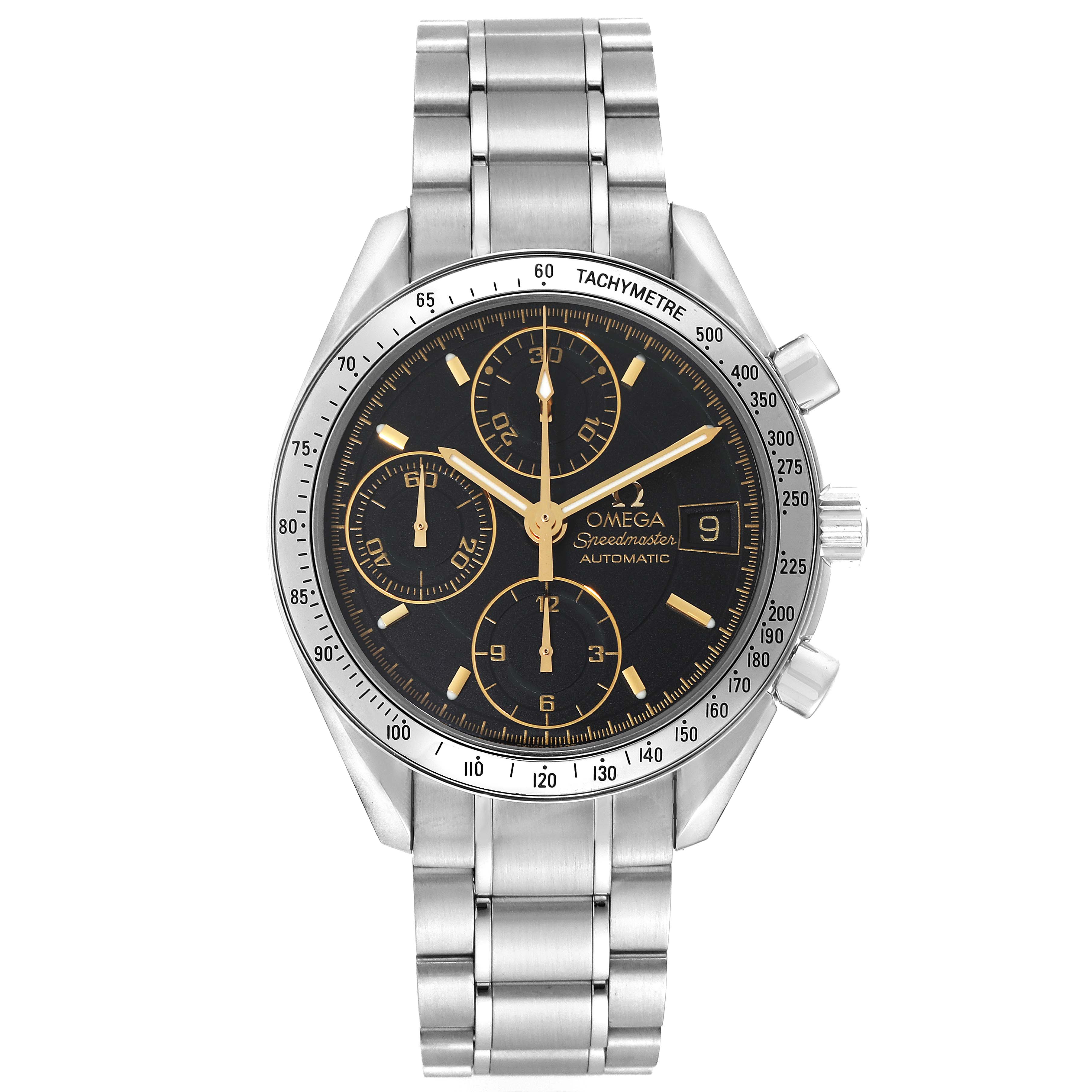 The image shows a front view of an Omega Speedmaster 3513.54.00 Men
s Stainless Steel Black Dial 3513.54.00 Men
s Stainless Steel Black Dial watch, highlighting its dial, subdials, and metal bracelet.