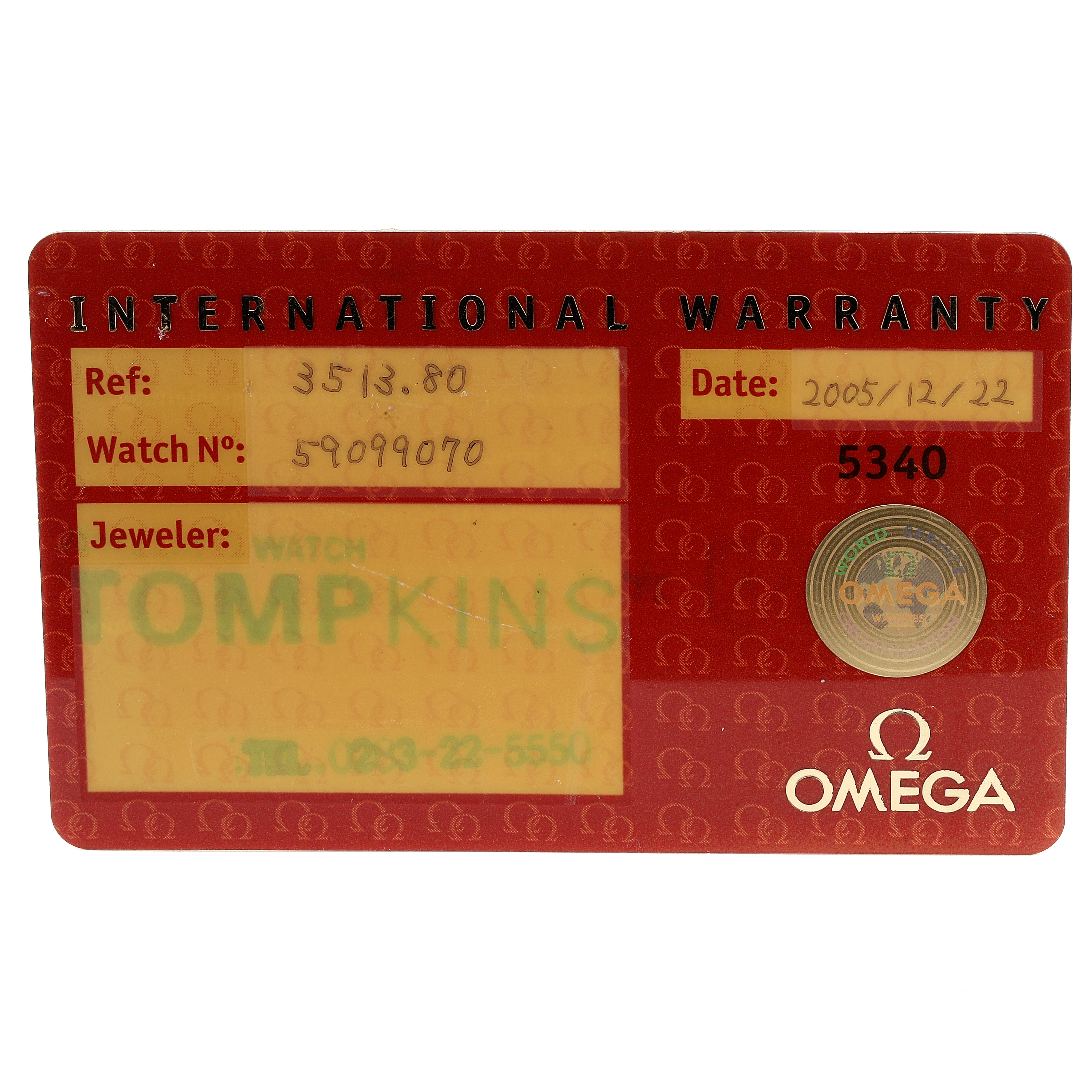 This is an Omega Speedmaster 3511.80.00 Men
s Stainless Steel Blue Dial 3511.80.00 Men
s Stainless Steel Blue Dial International Warranty card showing the reference number, watch number, jeweler, and date of purchase.