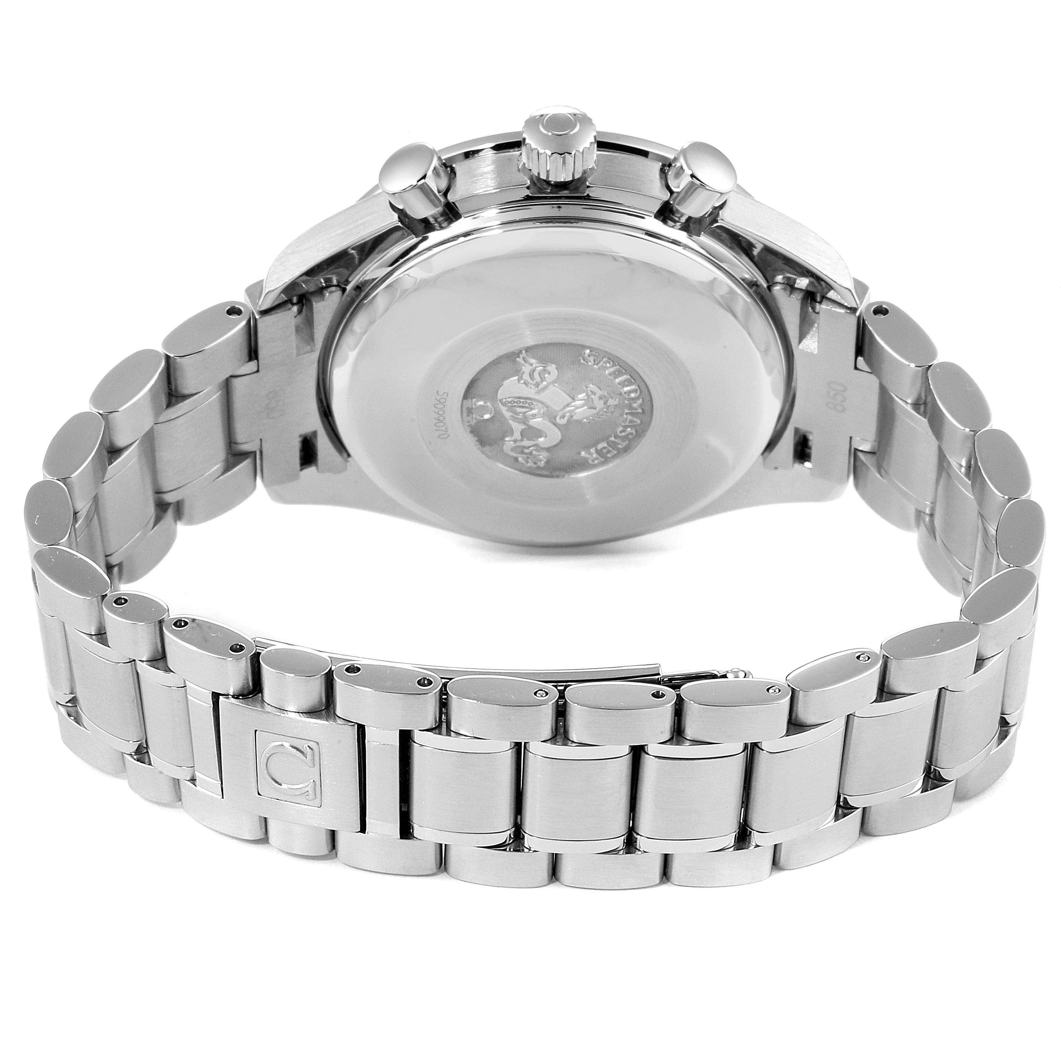 The image shows the back case and bracelet of the Omega Speedmaster 3511.80.00 Men
s Stainless Steel Blue Dial 3511.80.00 Men
s Stainless Steel Blue Dial watch, viewed from the rear angle.