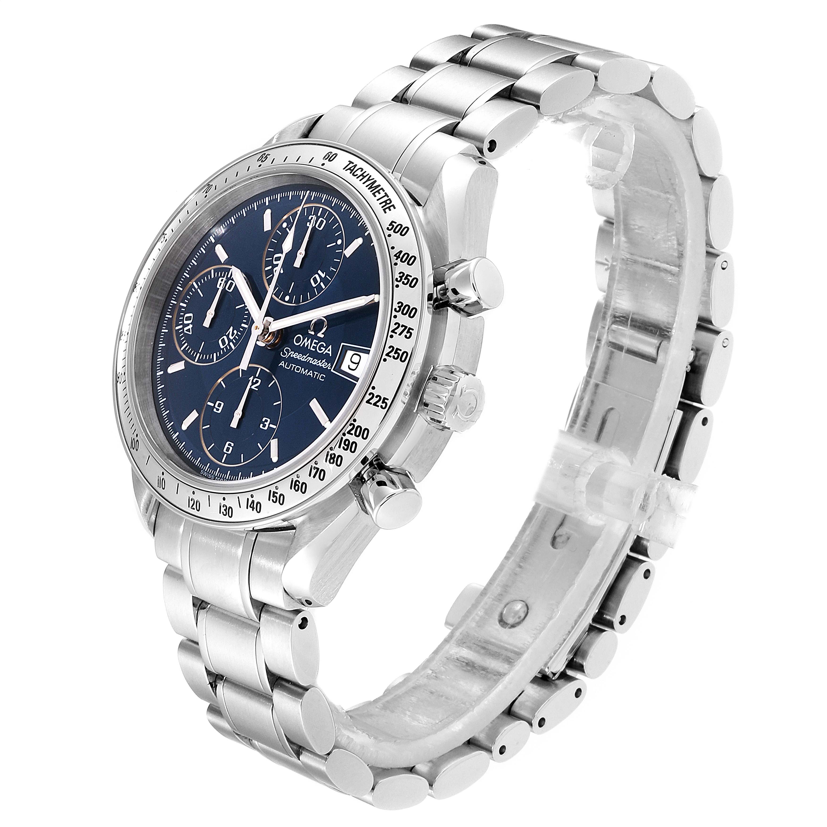 The Omega Speedmaster 3511.80.00 Men
s Stainless Steel Blue Dial 3511.80.00 Men
s Stainless Steel Blue Dial is shown from a three-quarter angle, displaying the dial, bezel, pushers, crown, and bracelet.