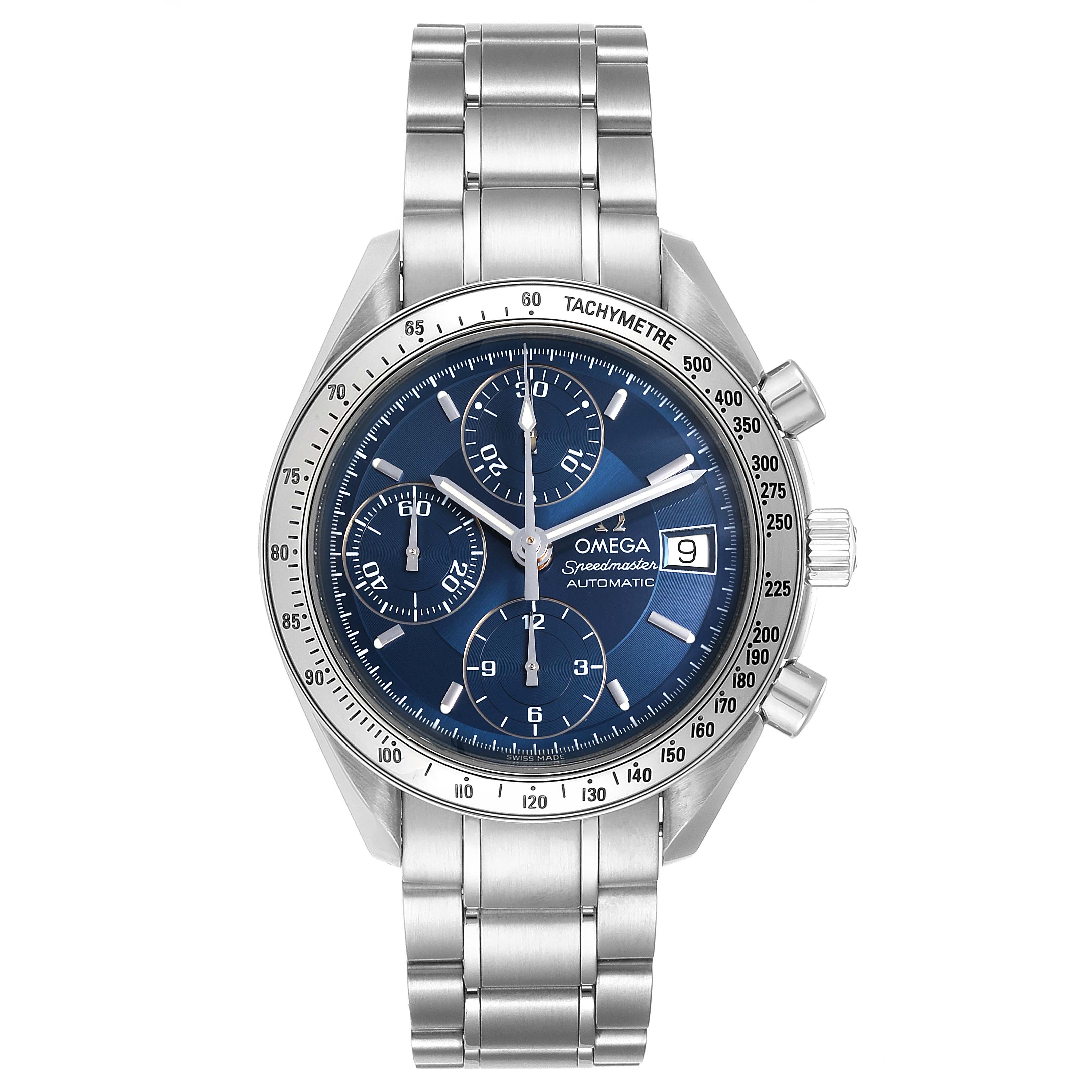 This Omega Speedmaster 3511.80.00 Men
s Stainless Steel Blue Dial 3511.80.00 Men
s Stainless Steel Blue Dial watch is shown from the front, displaying its face, bezel, pushers, and bracelet.
