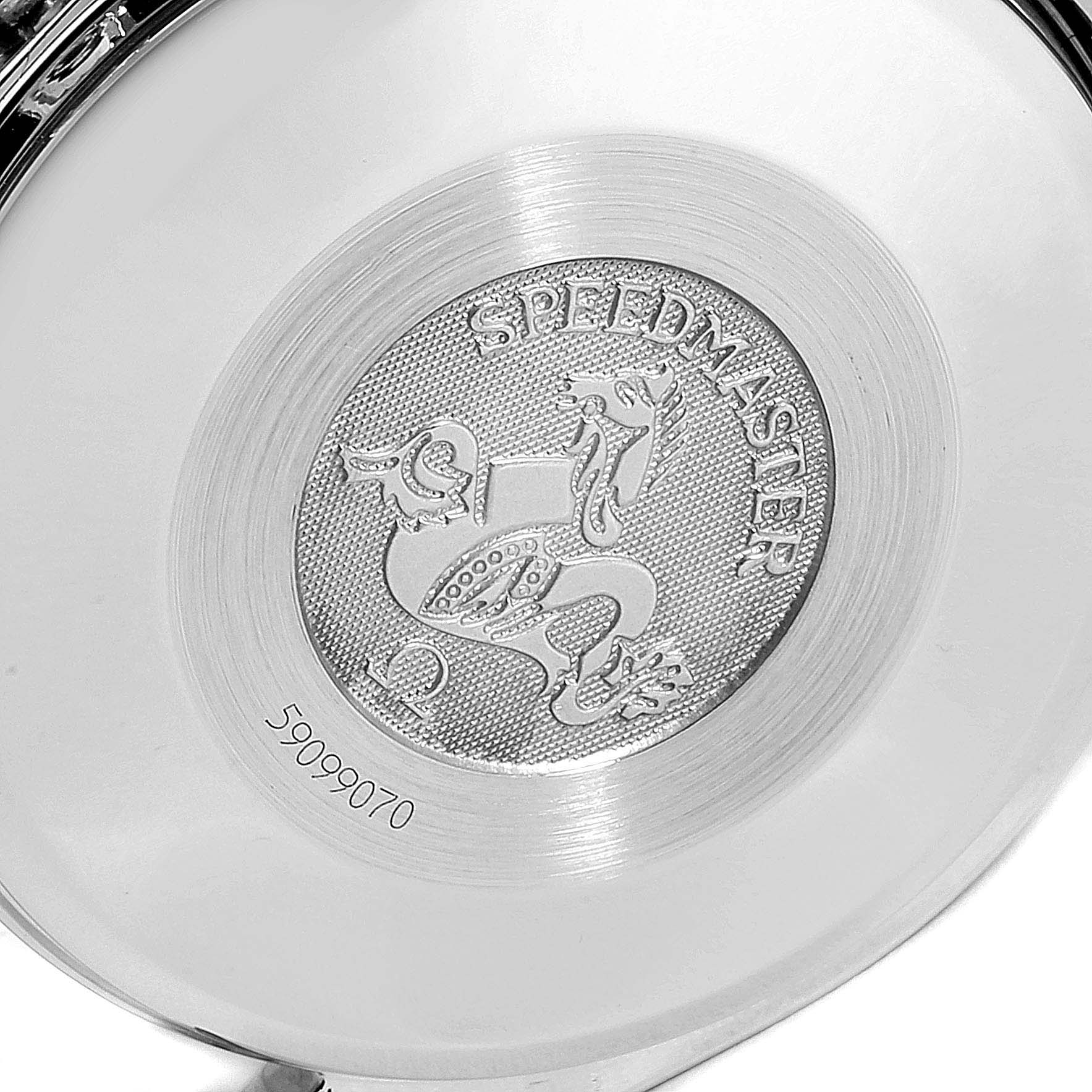 The image shows the case back of an Omega Speedmaster 3511.80.00 Men
s Stainless Steel Blue Dial 3511.80.00 Men
s Stainless Steel Blue Dial watch, featuring the embossed logo and serial number.