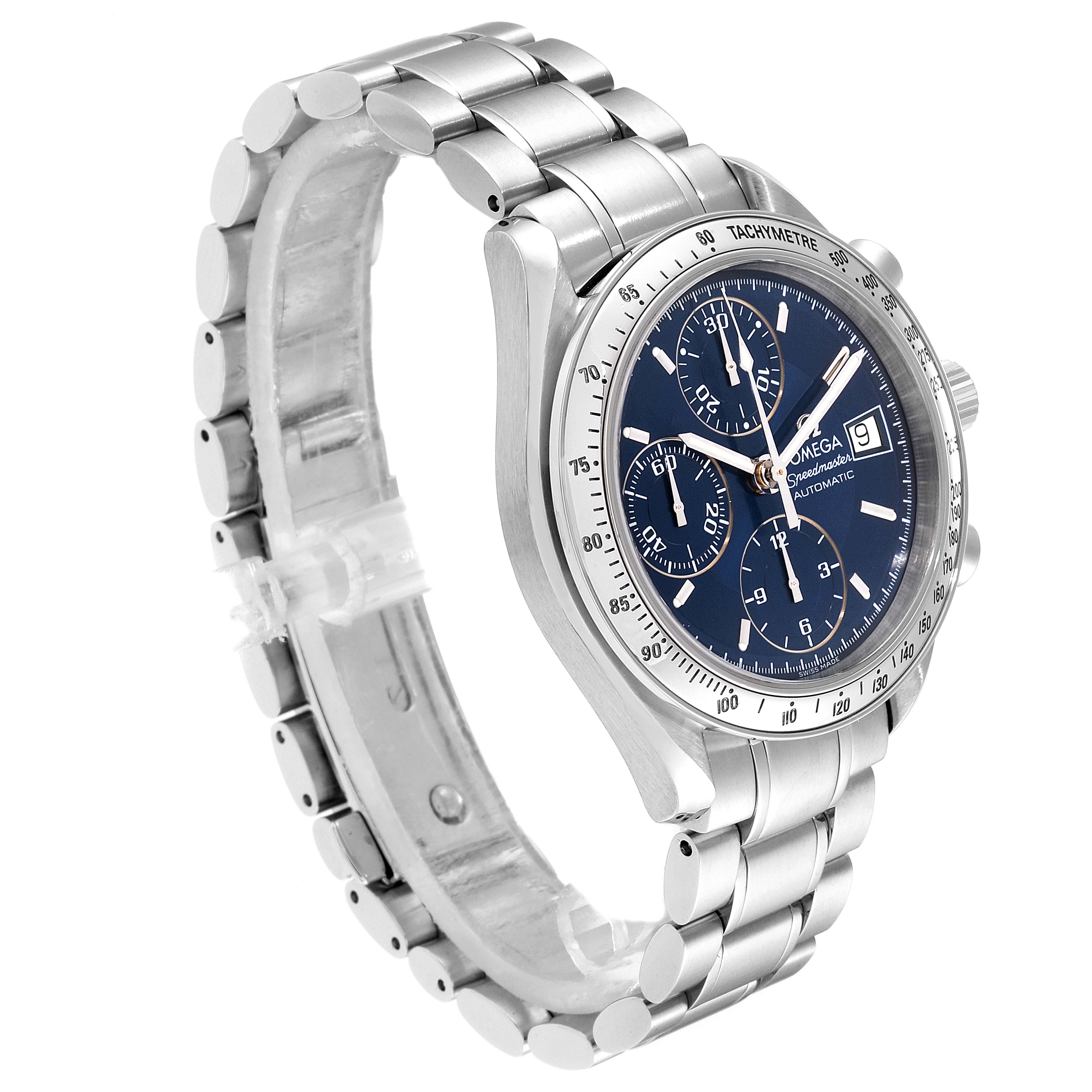 This Omega Speedmaster 3511.80.00 Men
s Stainless Steel Blue Dial 3511.80.00 Men
s Stainless Steel Blue Dial watch is shown at an angled side view, showcasing the dial, bezel, and metallic bracelet.