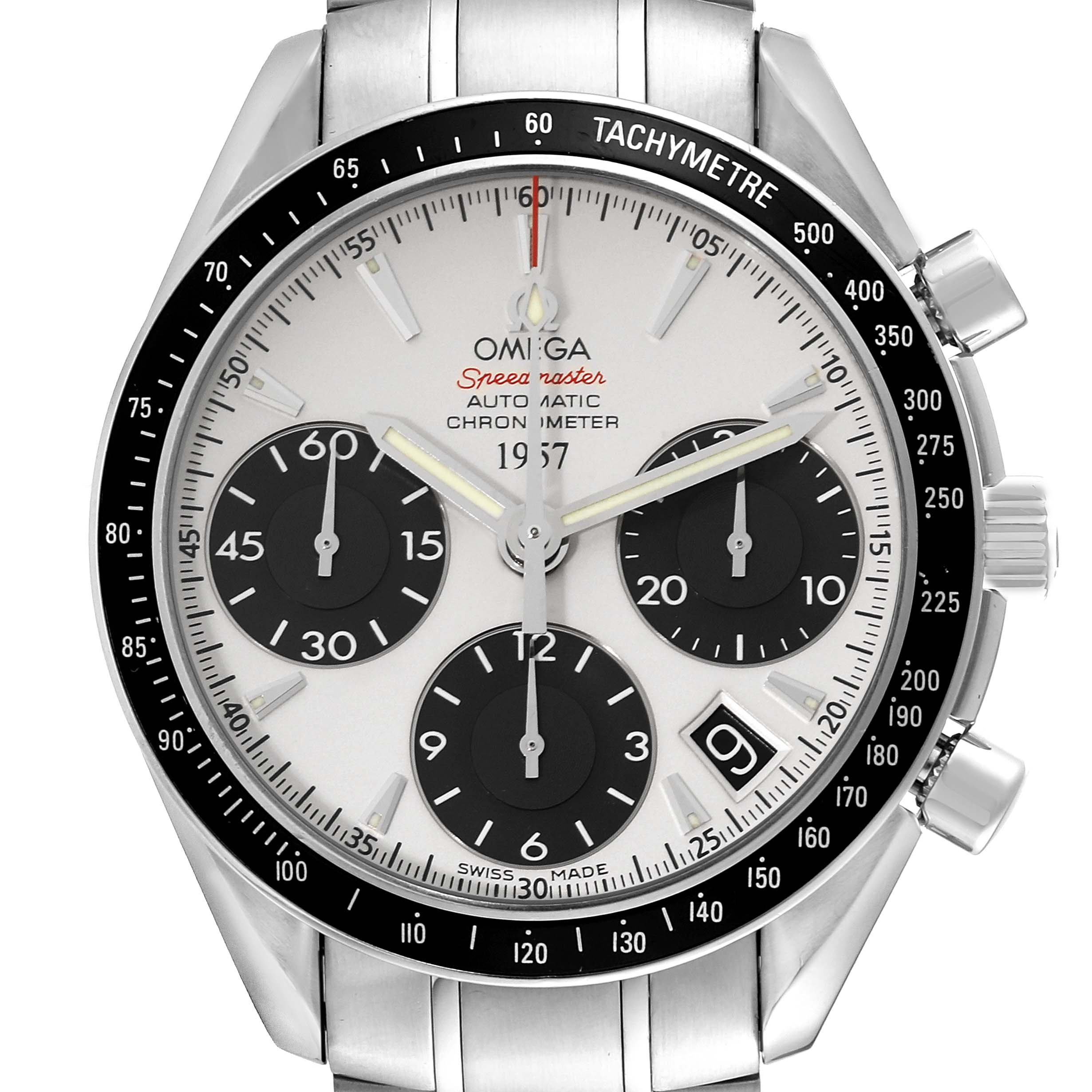 This image shows a close-up frontal view of the Omega Speedmaster 323.30.40.40.02.001 Men
s Stainless Steel White Dial 323.30.40.40.02.001 Men
s Stainless Steel White Dial watch, displaying its dial, bezel, and chronograph subdials.