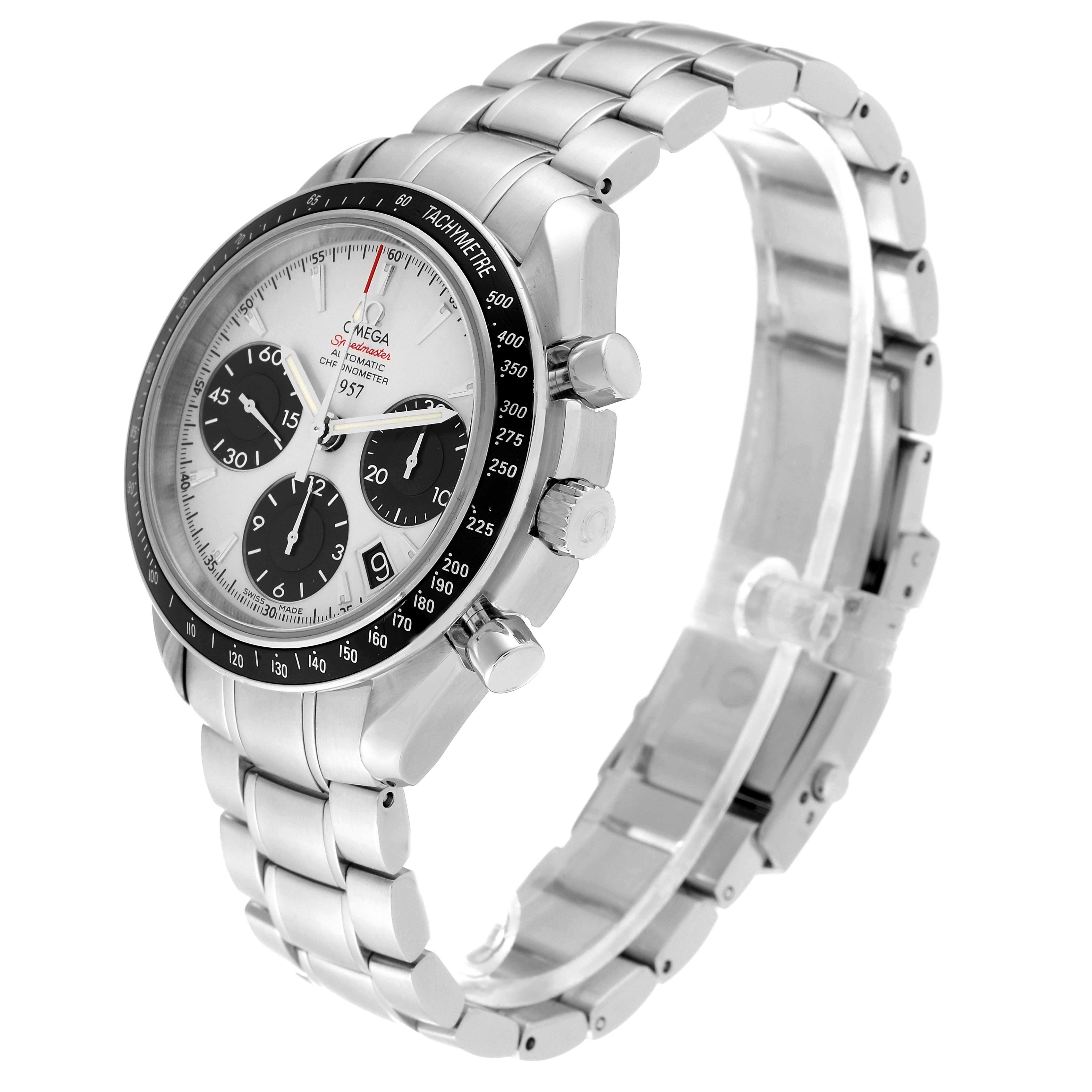 The image shows a side angle of an Omega Speedmaster 323.30.40.40.02.001 Men
s Stainless Steel White Dial 323.30.40.40.02.001 Men
s Stainless Steel White Dial watch, highlighting the bracelet, case, pushers, and chronograph dial.