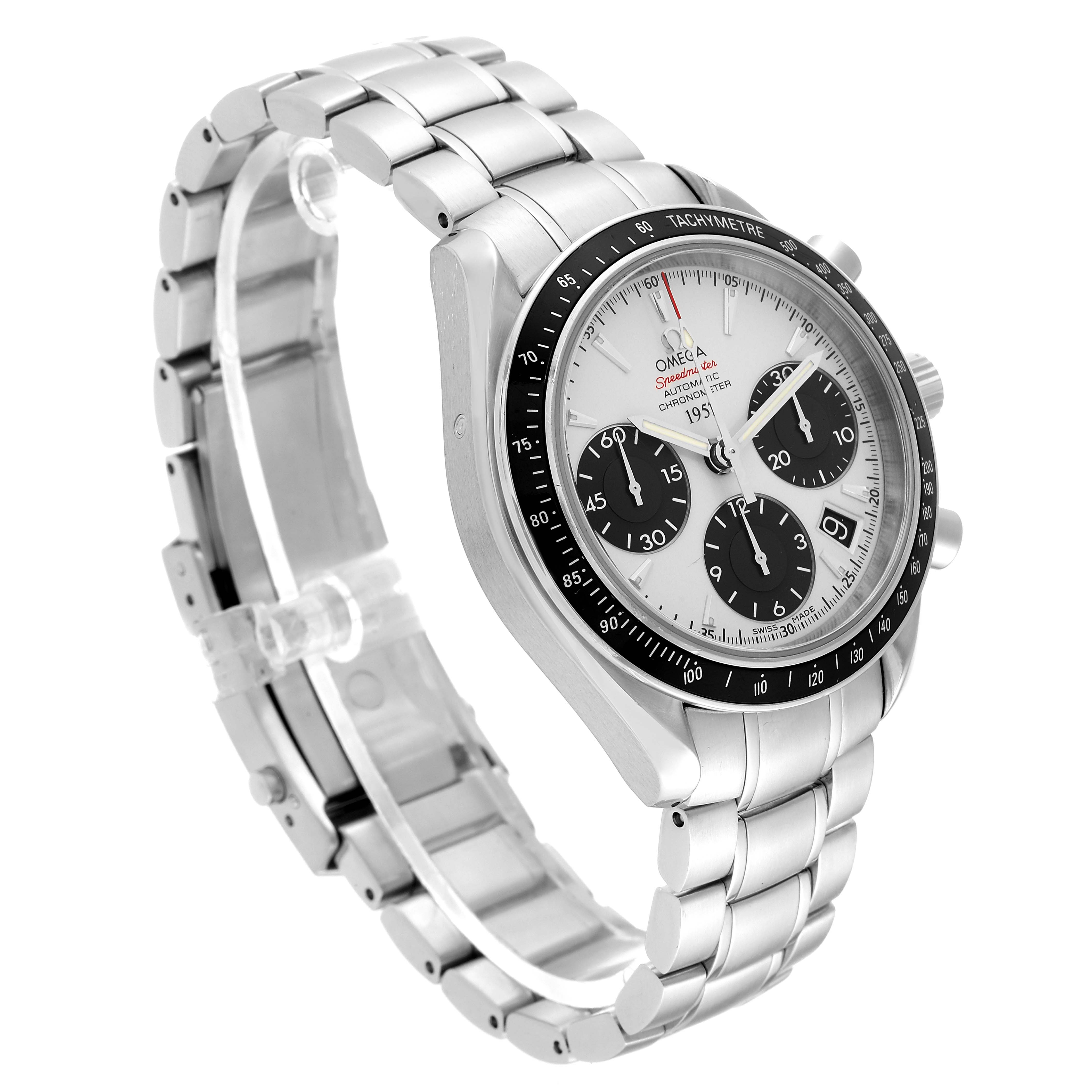 This Omega Speedmaster 323.30.40.40.02.001 Men
s Stainless Steel White Dial 323.30.40.40.02.001 Men
s Stainless Steel White Dial watch is angled to show its face, tachymeter bezel, chronograph dials, and metal bracelet.