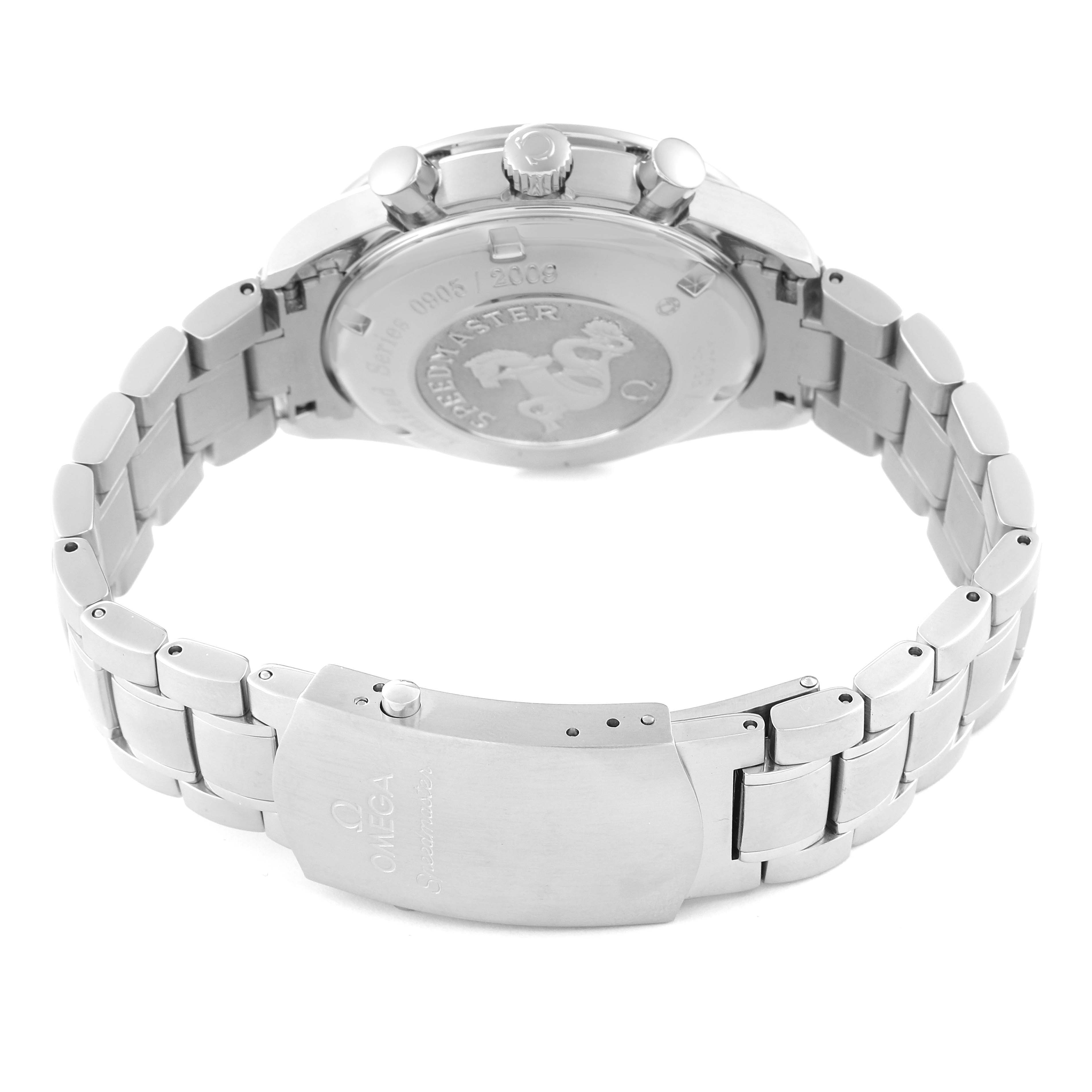 The image shows the back and bracelet of an Omega Speedmaster 323.30.40.40.02.001 Men
s Stainless Steel White Dial 323.30.40.40.02.001 Men
s Stainless Steel White Dial watch from a rear angle.