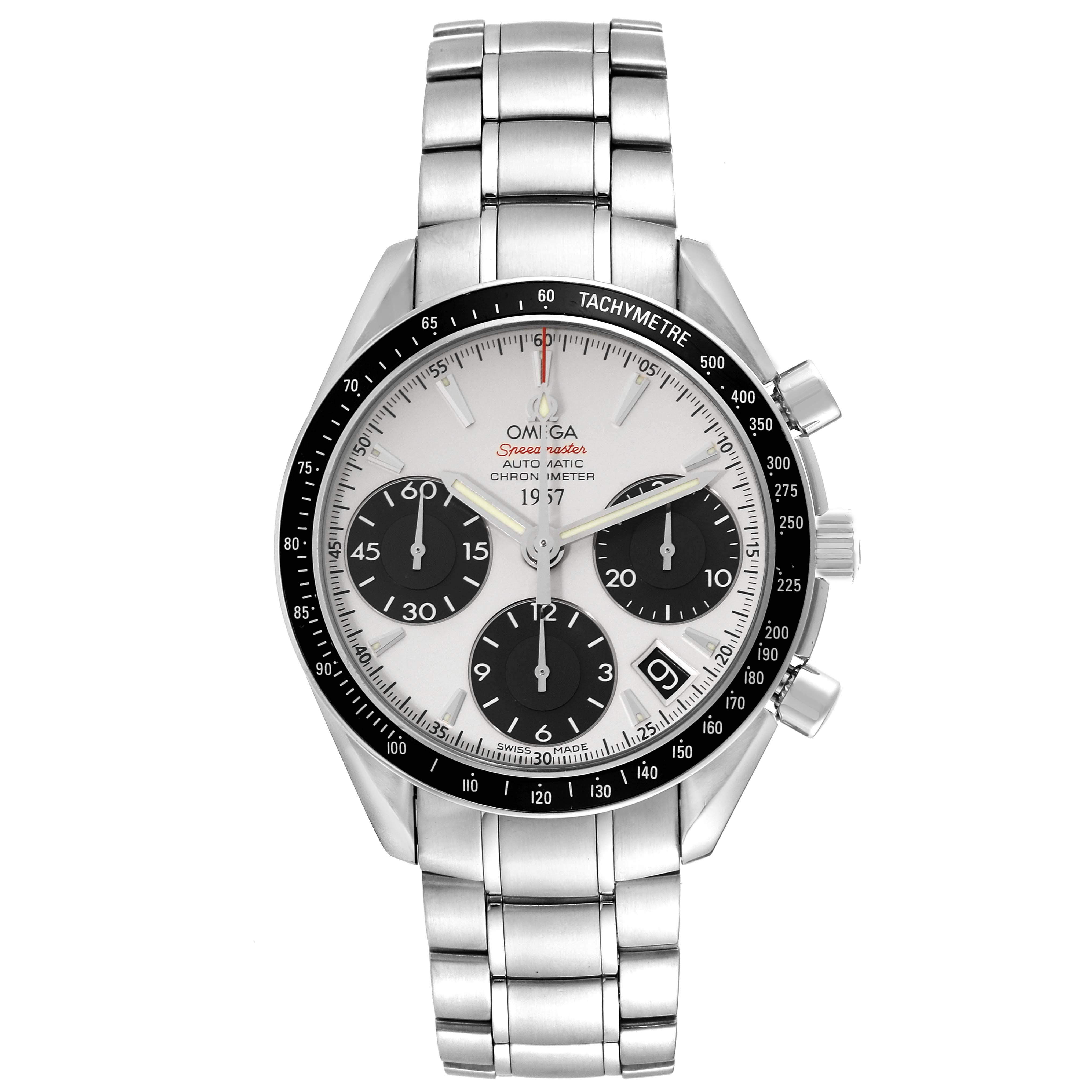 The Omega Speedmaster 323.30.40.40.02.001 Men
s Stainless Steel White Dial 323.30.40.40.02.001 Men
s Stainless Steel White Dial model watch is shown from a straight-on angle, displaying its dial, tachymeter bezel, and metal bracelet.