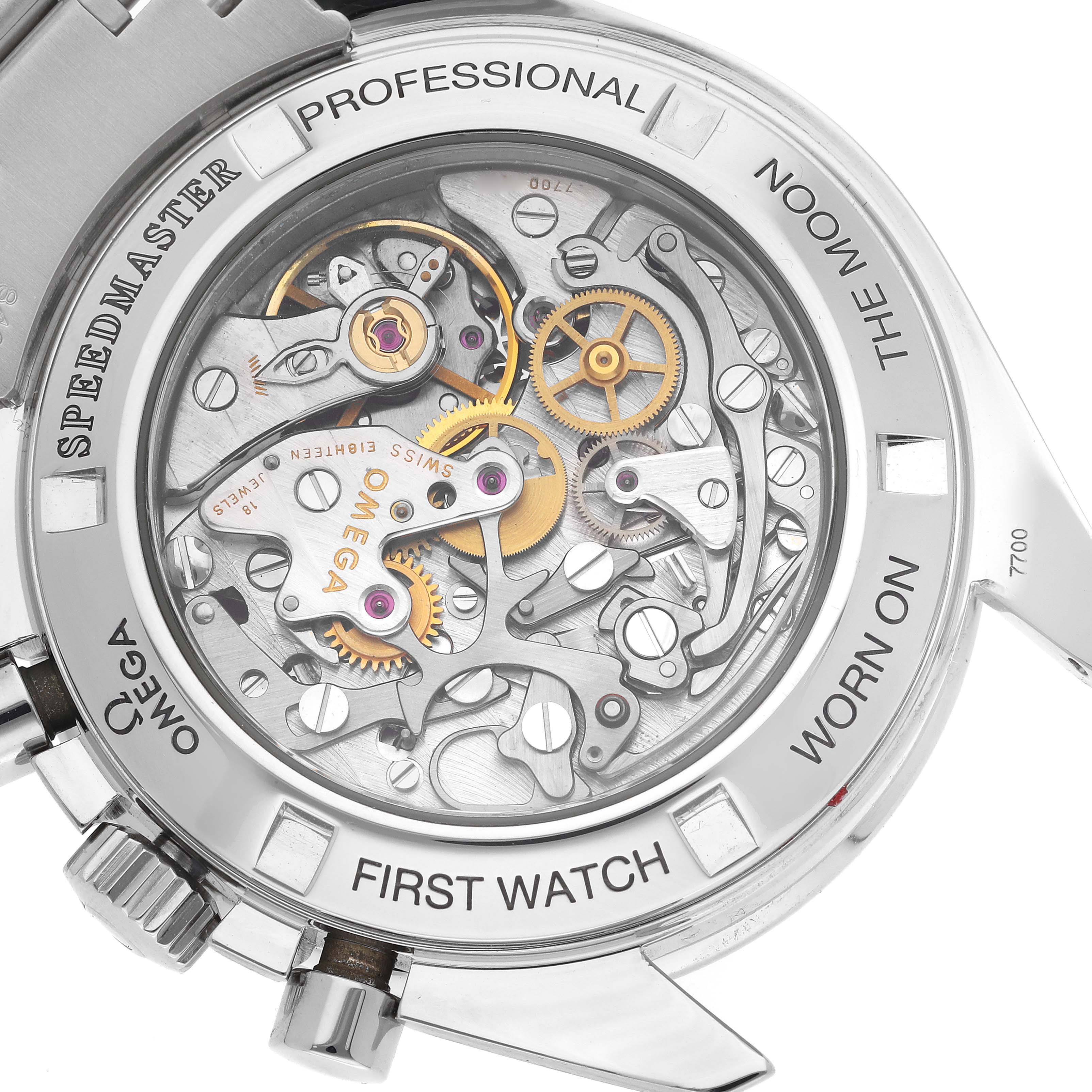 This image shows a close-up view of the back casing and intricate movement of an Omega Speedmaster 3572.50.00 Men
s Stainless Steel Black Dial 3572.50.00 Men
s Stainless Steel Black Dial watch.