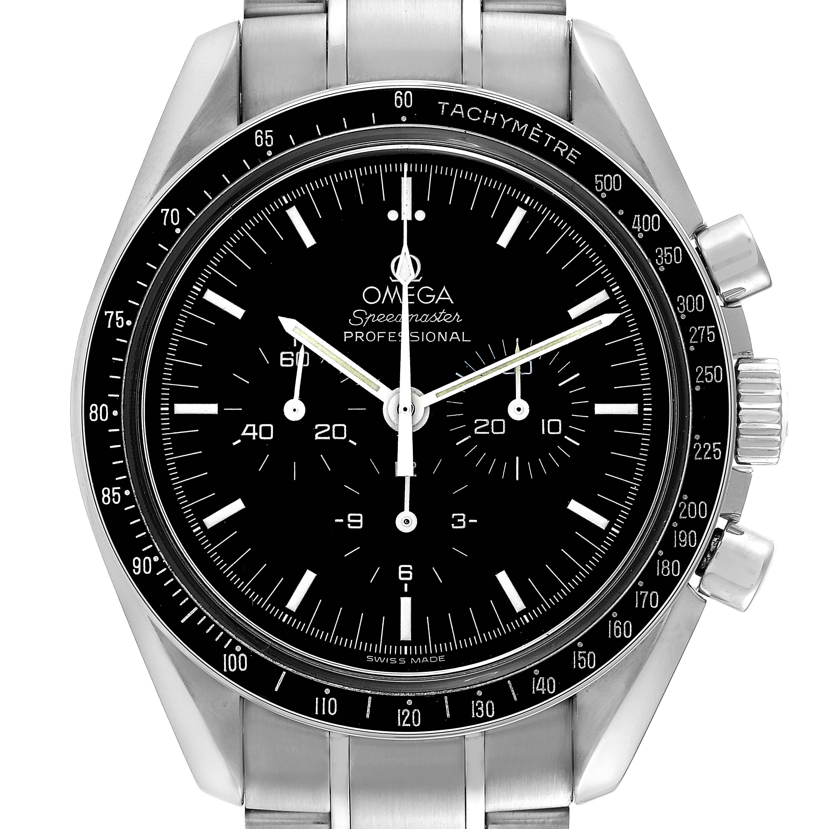 The image shows a front view of an Omega Speedmaster 3572.50.00 Men
s Stainless Steel Black Dial 3572.50.00 Men
s Stainless Steel Black Dial watch, highlighting the dial, tachymeter bezel, and chronograph buttons.