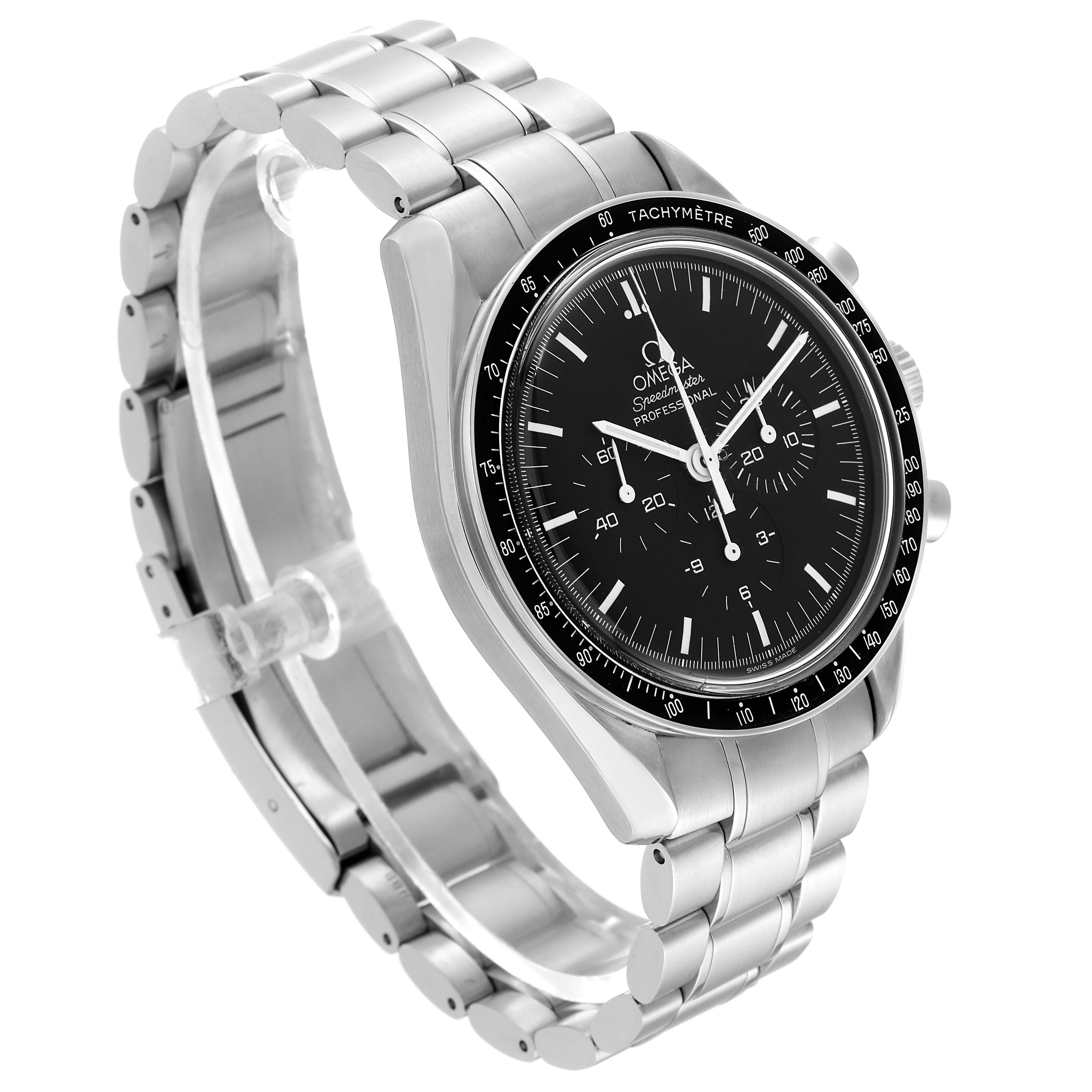 The image shows a side angle of an Omega Speedmaster 3572.50.00 Men
s Stainless Steel Black Dial 3572.50.00 Men
s Stainless Steel Black Dial watch, highlighting the black dial, bezel, and stainless steel bracelet.