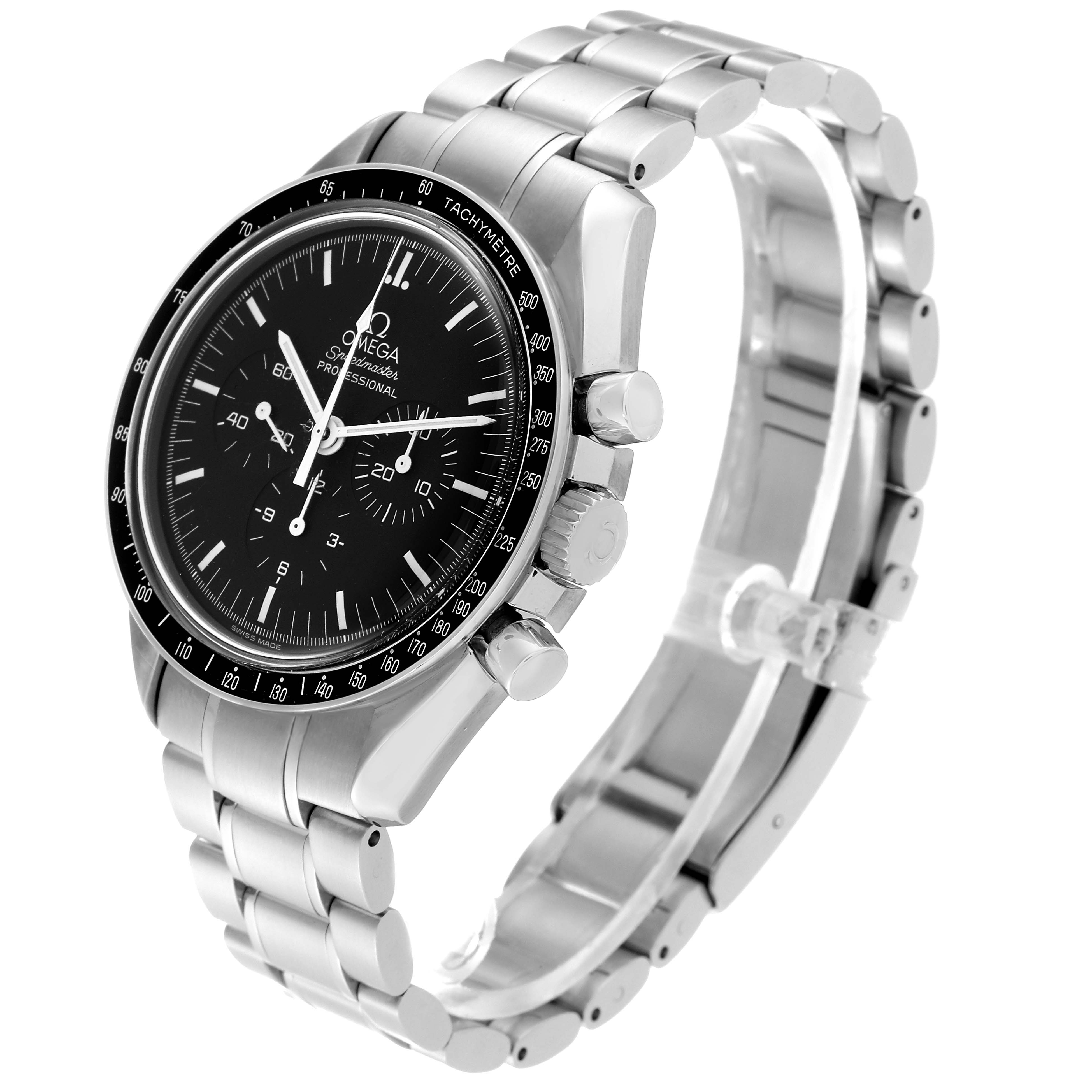 This image shows an Omega Speedmaster 3572.50.00 Men
s Stainless Steel Black Dial 3572.50.00 Men
s Stainless Steel Black Dial watch from a three-quarter angle, displaying its face, dials, bezel, and stainless steel bracelet.