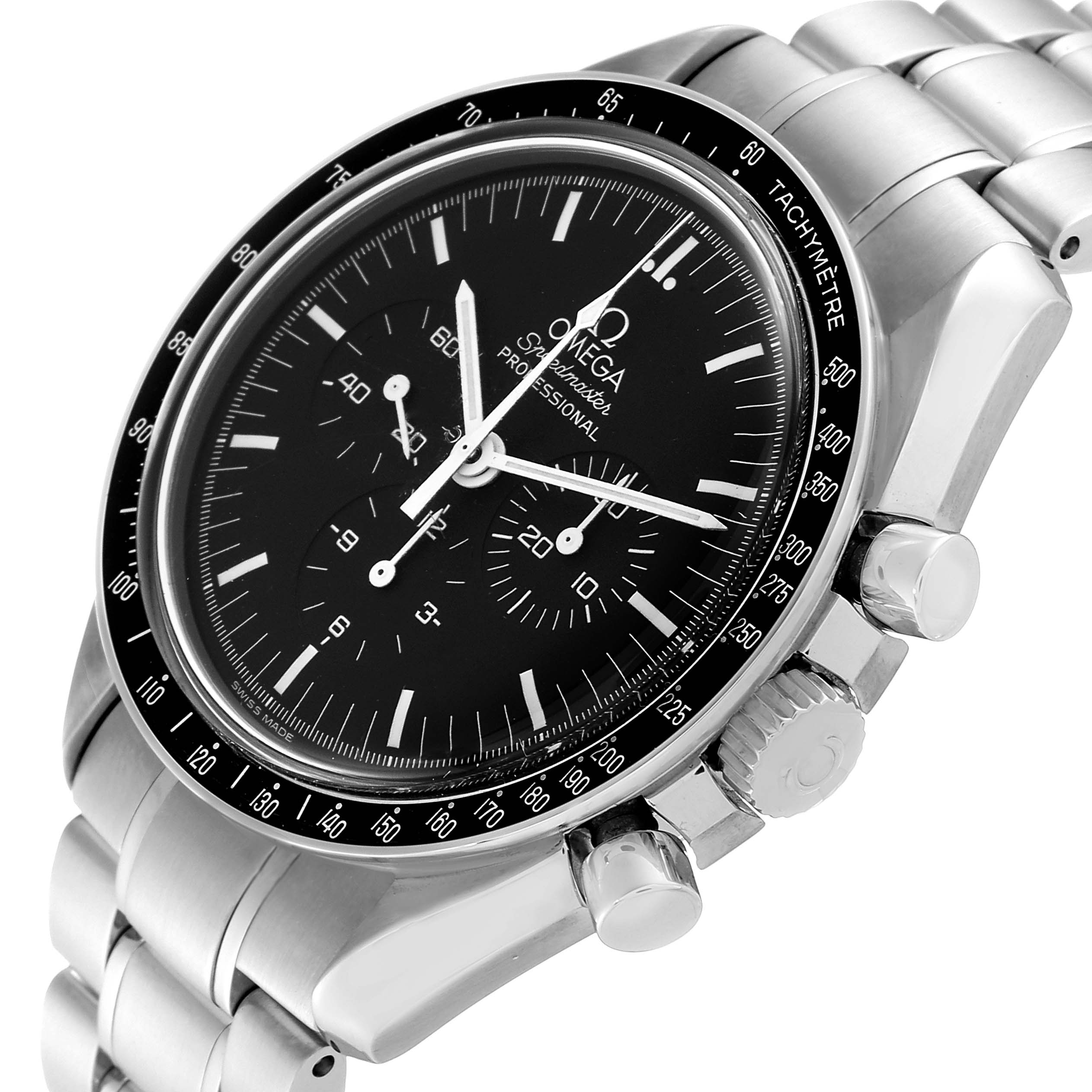 The Omega Speedmaster 3572.50.00 Men
s Stainless Steel Black Dial 3572.50.00 Men
s Stainless Steel Black Dial watch is shown at an angled view featuring its black dial, tachymeter bezel, and stainless steel bracelet.