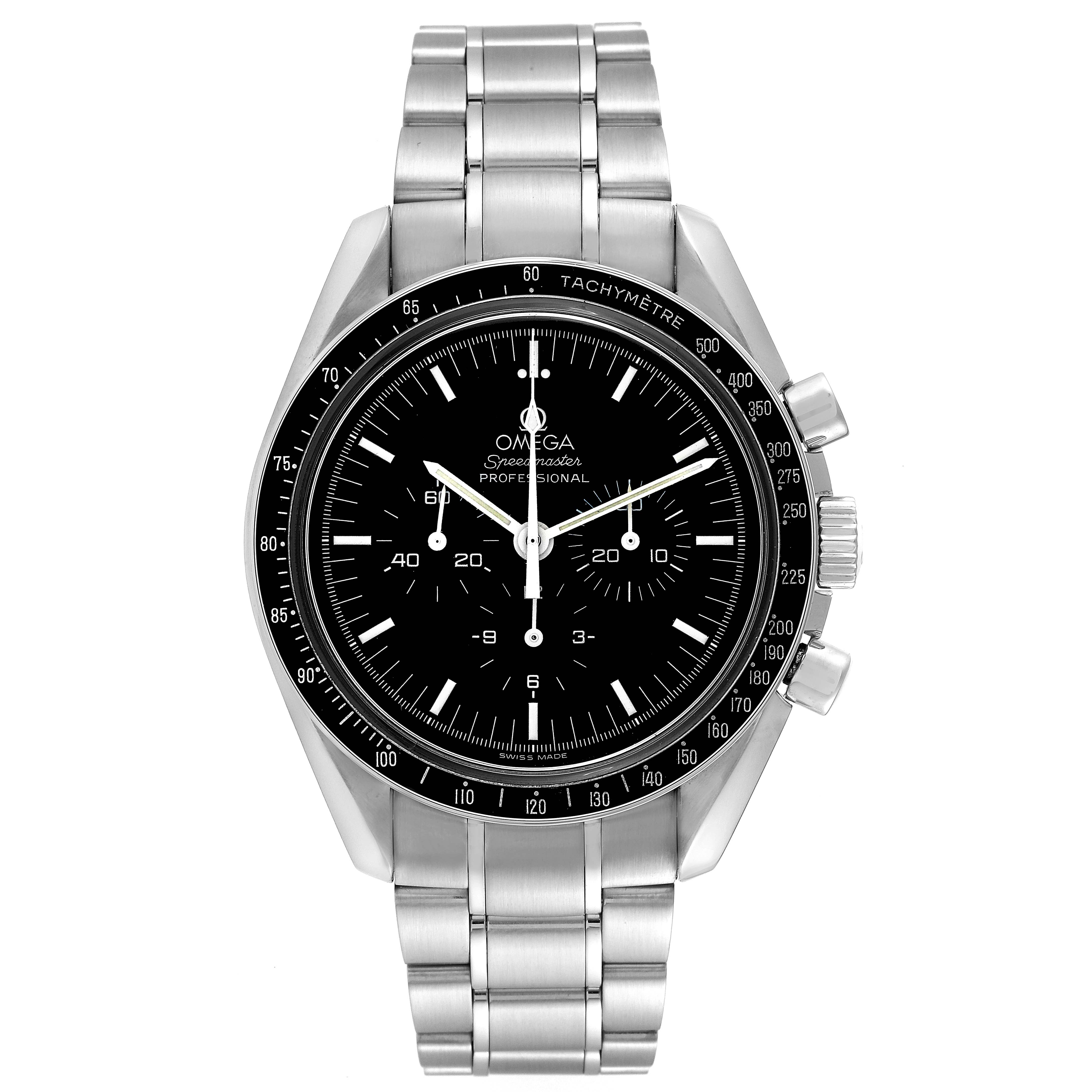 This image shows the front view of the Omega Speedmaster 3572.50.00 Men
s Stainless Steel Black Dial 3572.50.00 Men
s Stainless Steel Black Dial watch, highlighting the dial, hands, subdials, bezel, and bracelet.