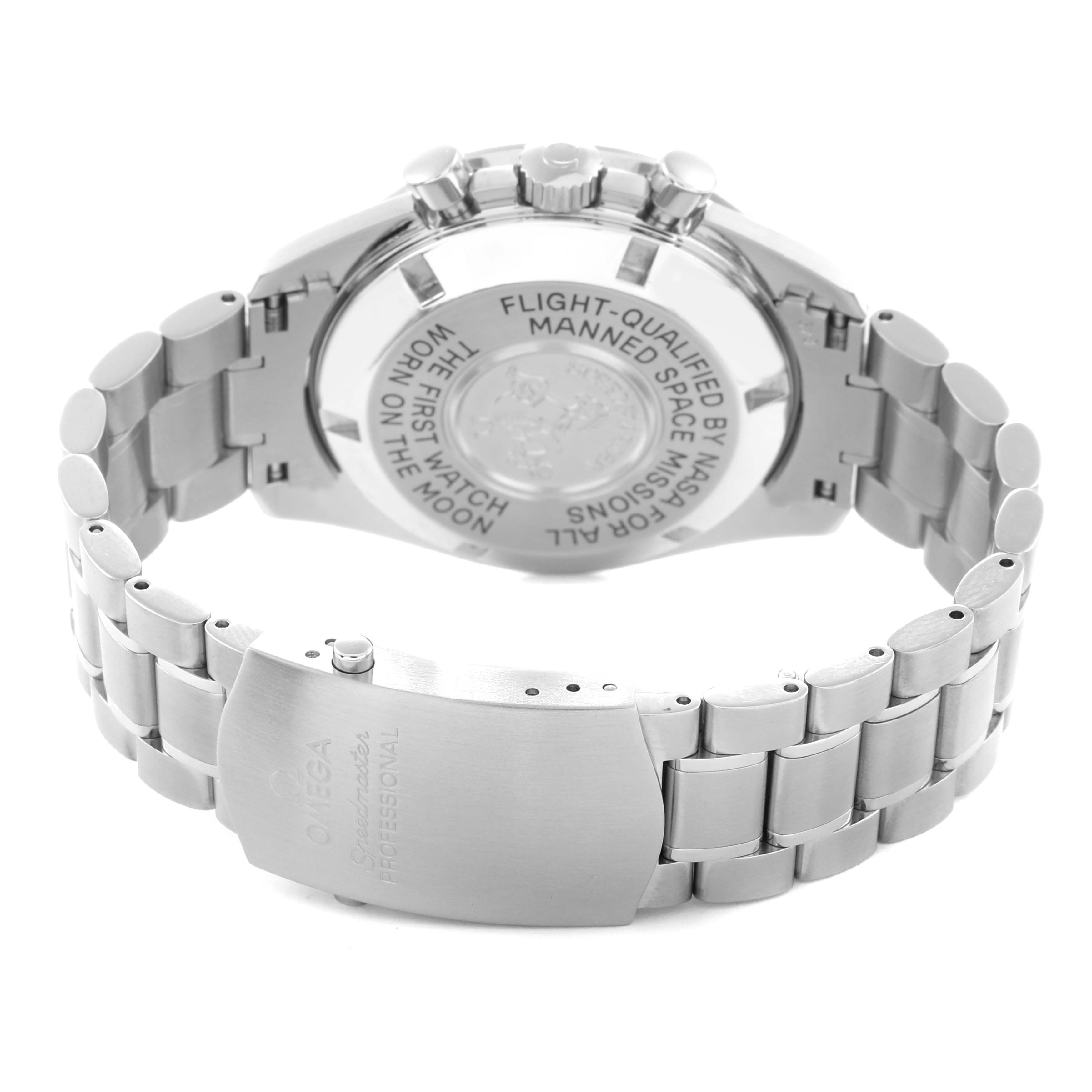 The Omega Speedmaster 3570.40.00 Men
s Stainless Steel Grey Dial 3570.40.00 Men
s Stainless Steel Grey Dial watch is shown from the back, highlighting the case back and bracelet clasp.