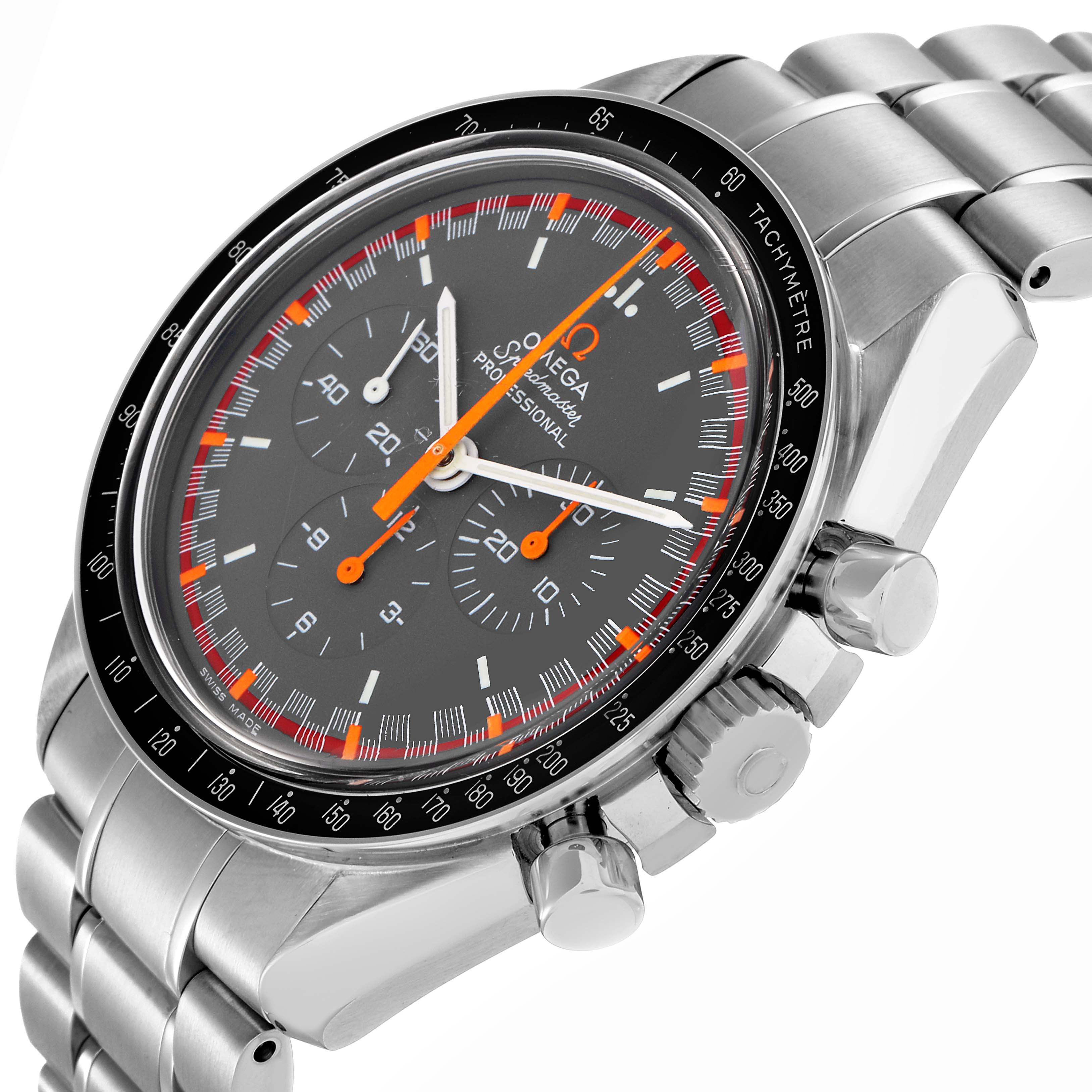 The Omega Speedmaster 3570.40.00 Men
s Stainless Steel Grey Dial 3570.40.00 Men
s Stainless Steel Grey Dial watch is shown at a three-quarter angle, highlighting the face, bezel, crown, and stainless steel bracelet.