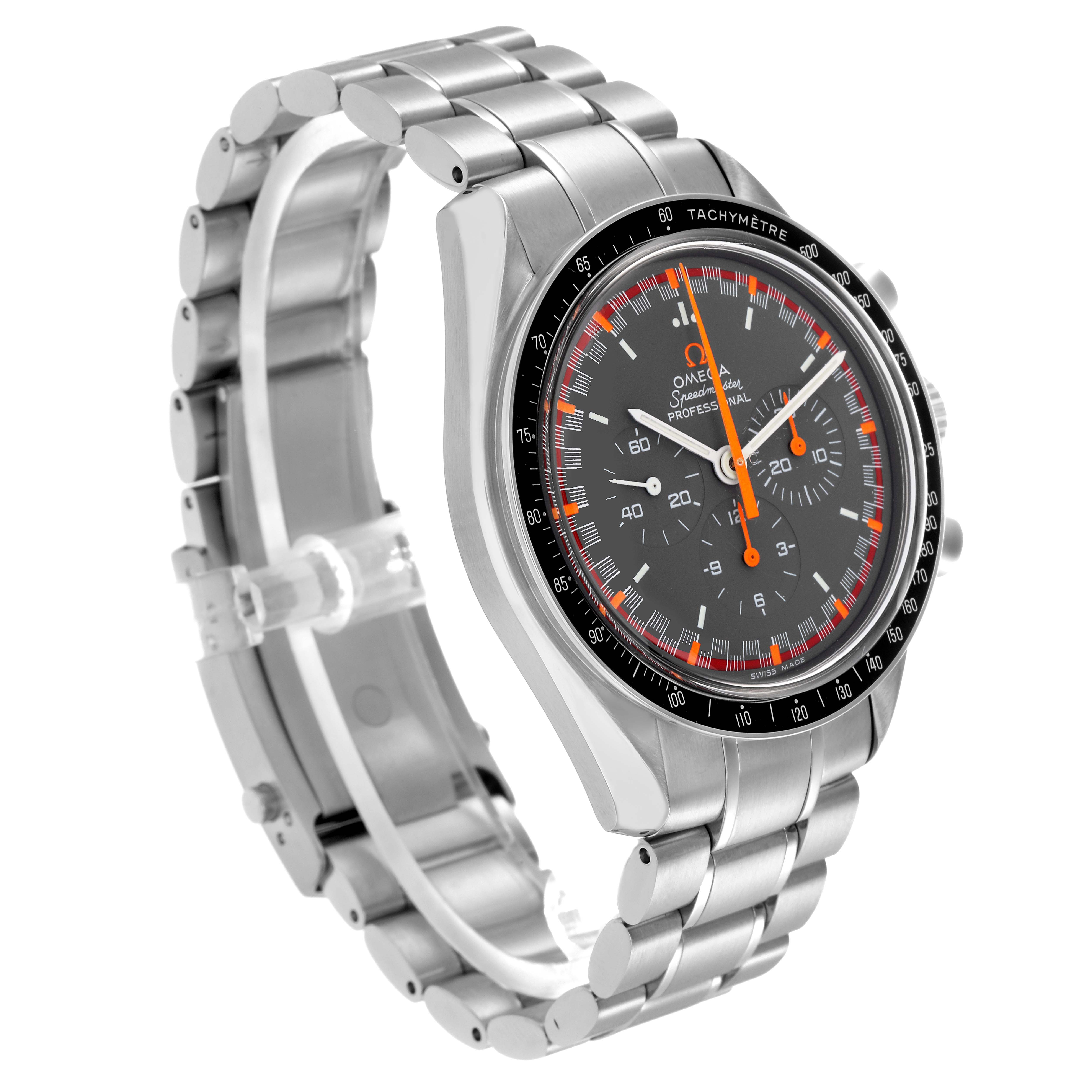 The Omega Speedmaster 3570.40.00 Men
s Stainless Steel Grey Dial 3570.40.00 Men
s Stainless Steel Grey Dial watch is shown at a three-quarter angle, highlighting the bracelet, bezel, and dial details.