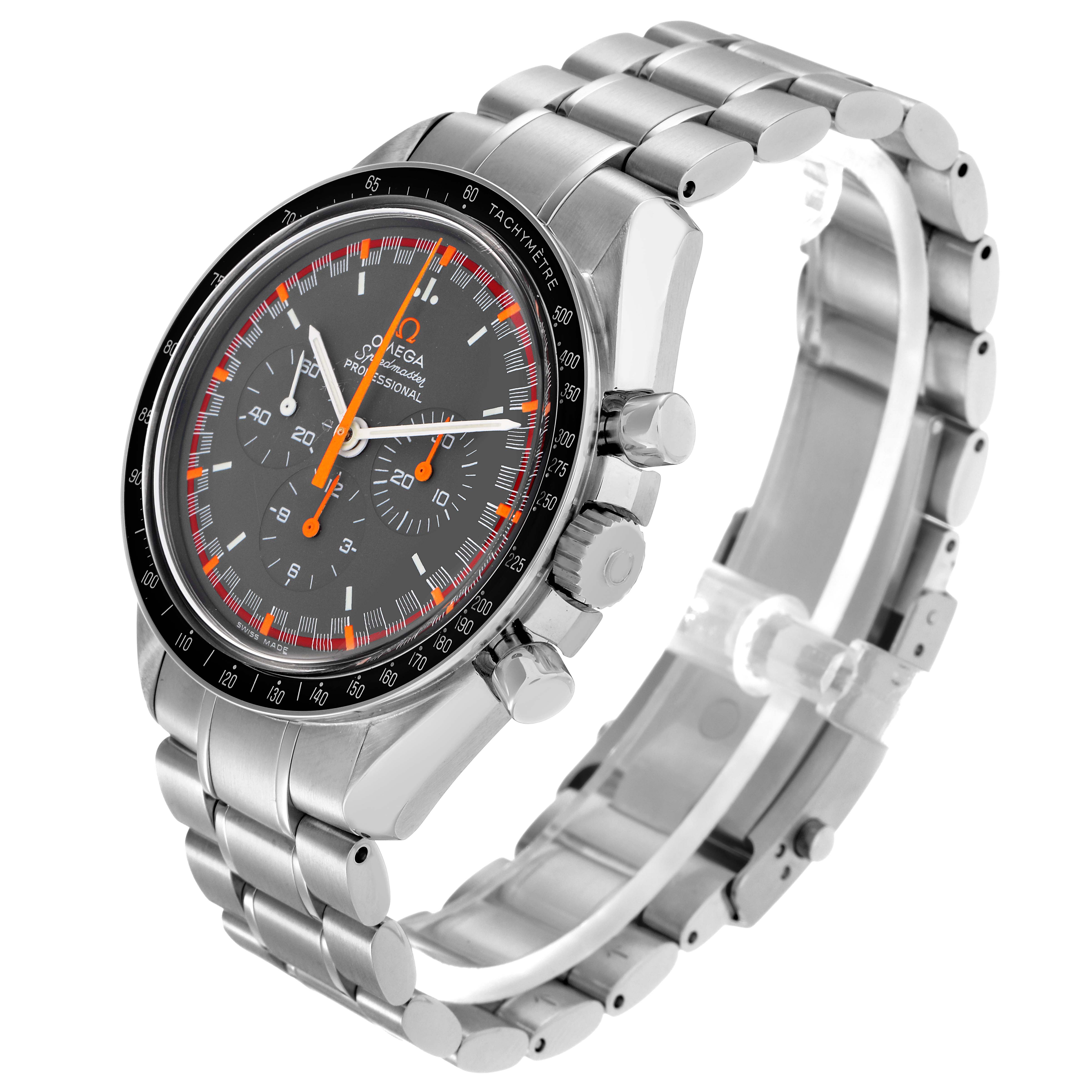 The Omega Speedmaster 3570.40.00 Men
s Stainless Steel Grey Dial 3570.40.00 Men
s Stainless Steel Grey Dial watch is shown in a side view angle, highlighting its face, bezel, crown, pushers, and bracelet.