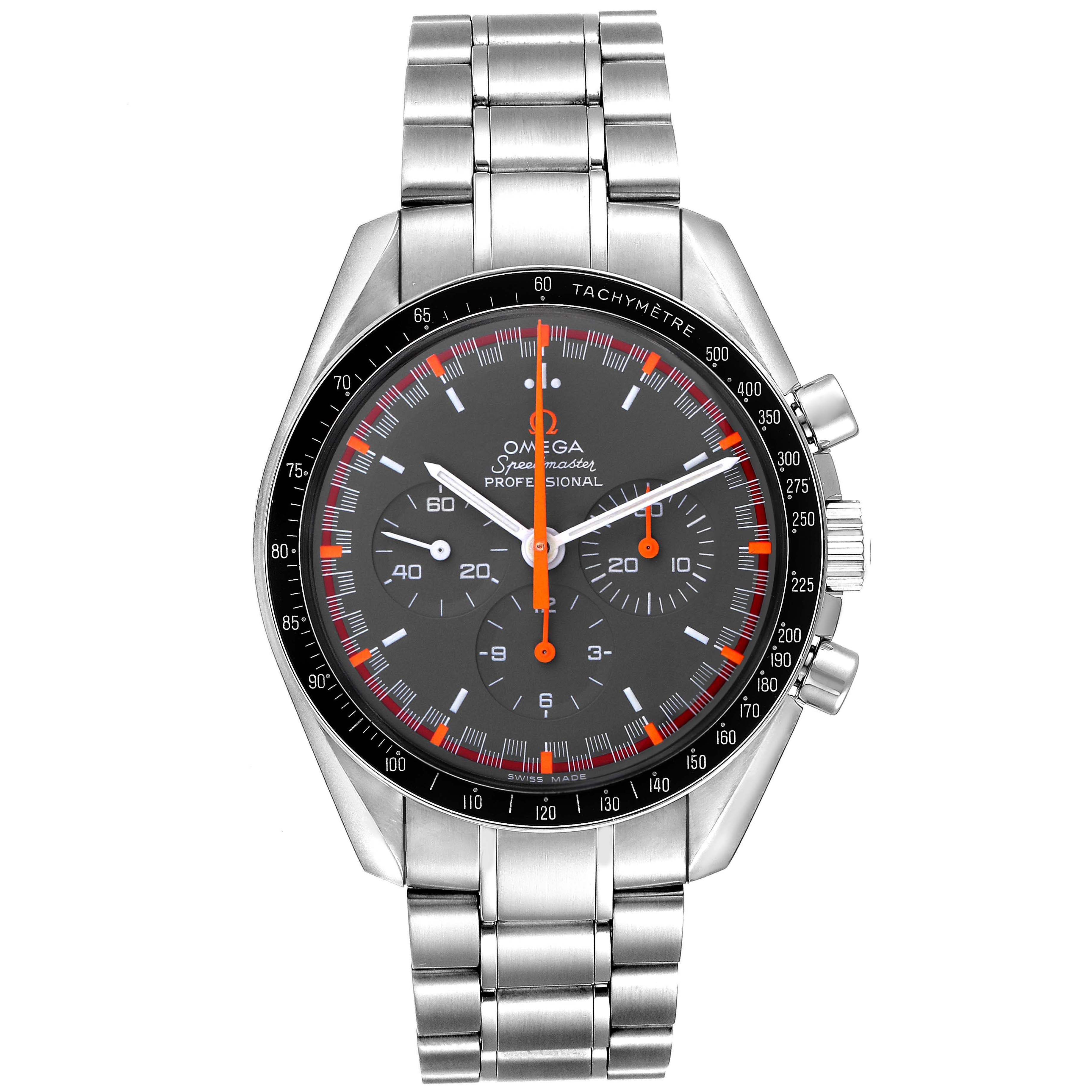 The Omega Speedmaster 3570.40.00 Men
s Stainless Steel Grey Dial 3570.40.00 Men
s Stainless Steel Grey Dial watch is shown from a top-down angle, displaying its face, bezel, and bracelet clearly.