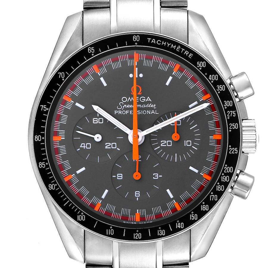 The Omega Speedmaster is shown from the front, displaying its dial, tachymeter bezel, and side pushers.