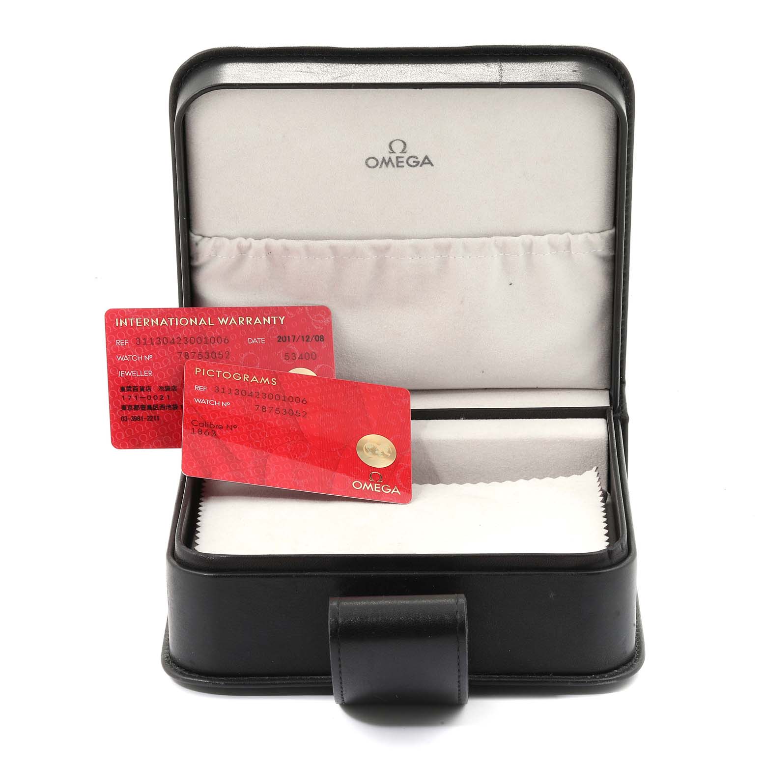 The image shows an Omega Speedmaster 311.30.42.30.01.006 Men
s Stainless Steel Black Dial 311.30.42.30.01.006 Men
s Stainless Steel Black Dial watch case with international warranty and pictograms cards inside.